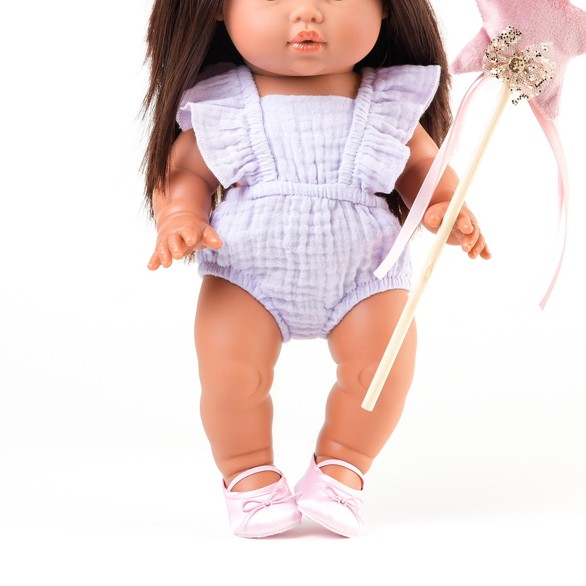 Front view of the Flutter Romper in Mauve on 34cm Mini Colettos Isabel with satin pink ballet flats.