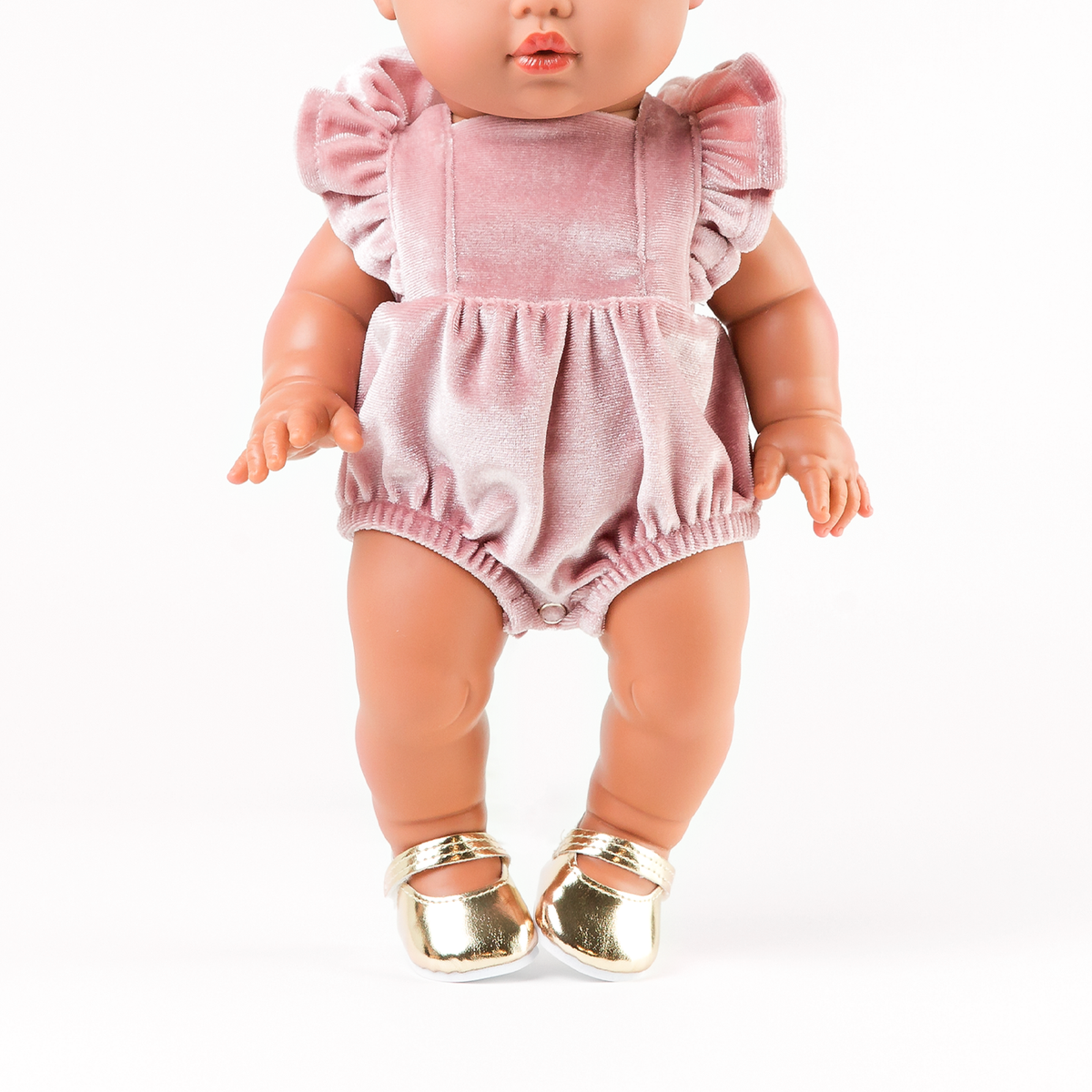 Front view of the Rose Blush Velvet Frilled Bubble Playsuit on Mini Colettos Alba.