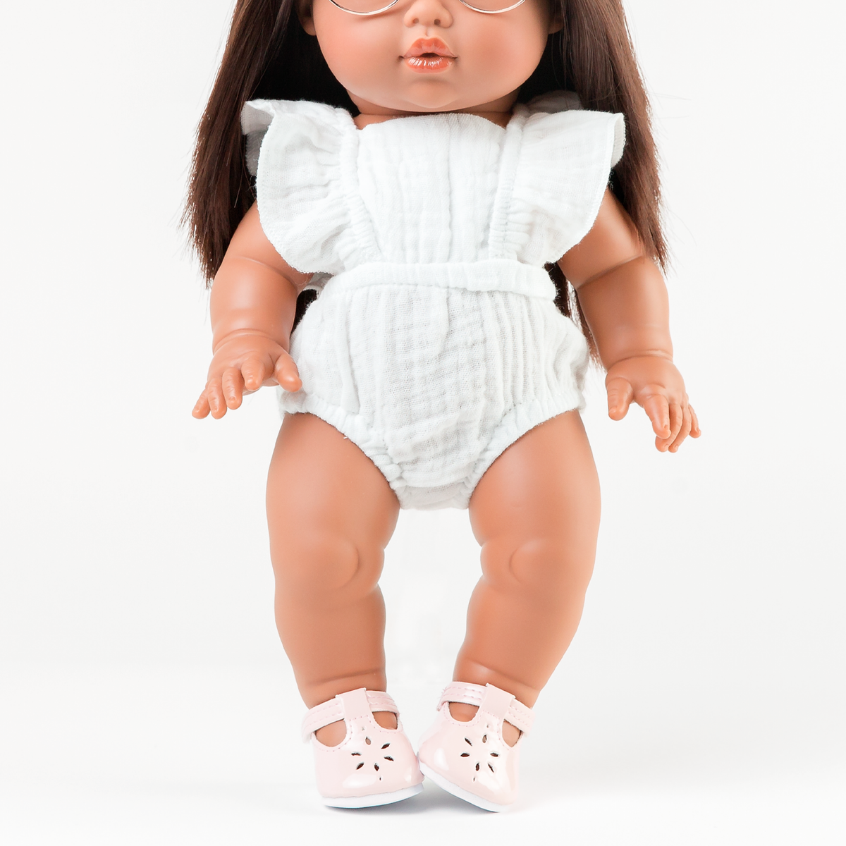 Front view of the Flutter Romper in Ivory on 34cm Mini Colettos Isabel.