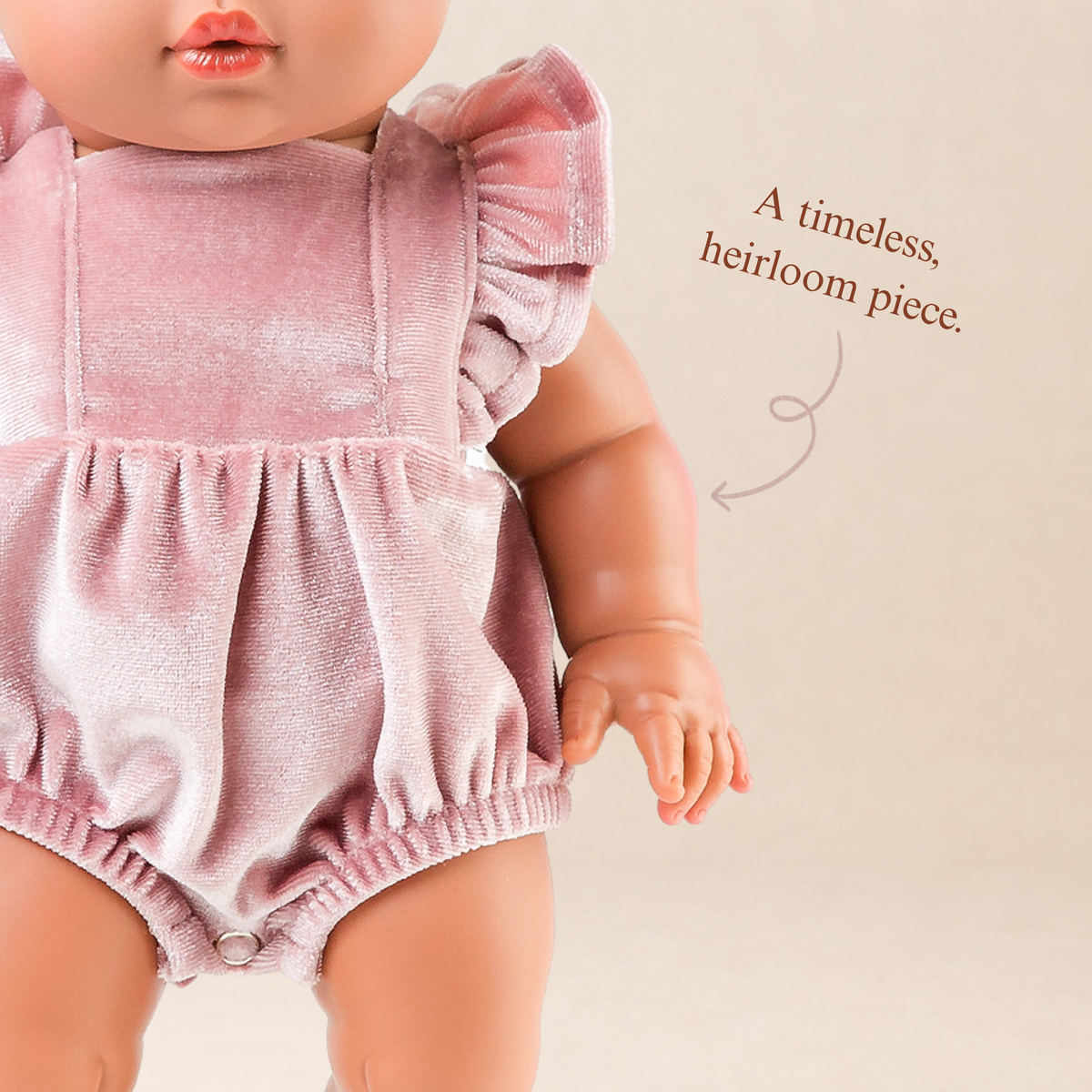 Close-up of the Rose Blush Velvet Frilled Bubble Playsuit highlighting the velvet texture and frilled details for 34-38cm dolls.