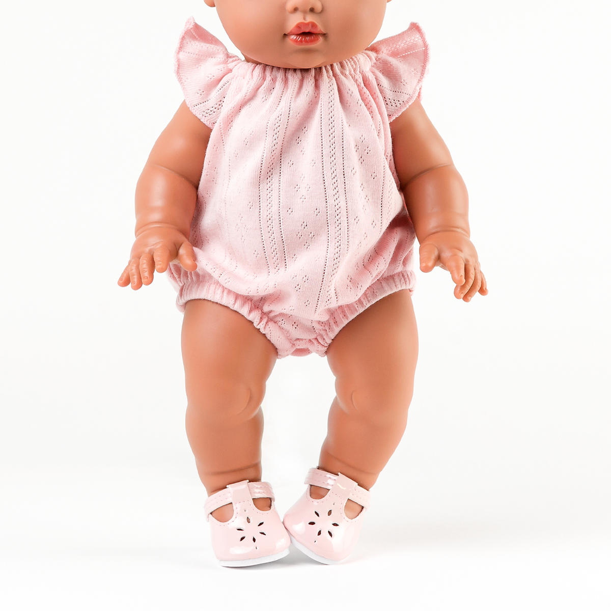 Front view of the Willow Pointelle Romper in Pink on 34cm Mini Colettos Alba.