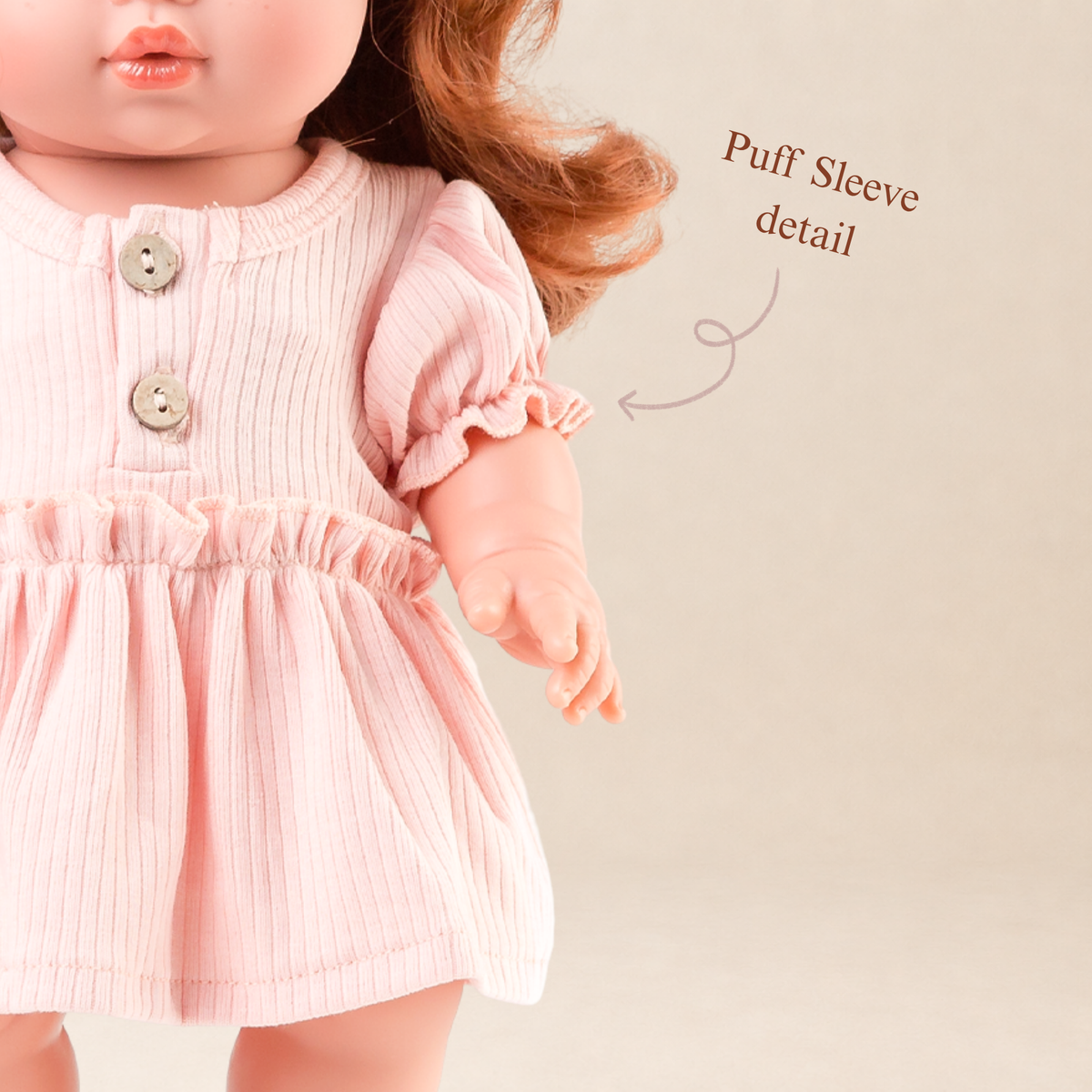 Puff sleeve detail on rose pink 34-38cm doll dress by Nicci and Lu a Australian-designed doll clothing collection.