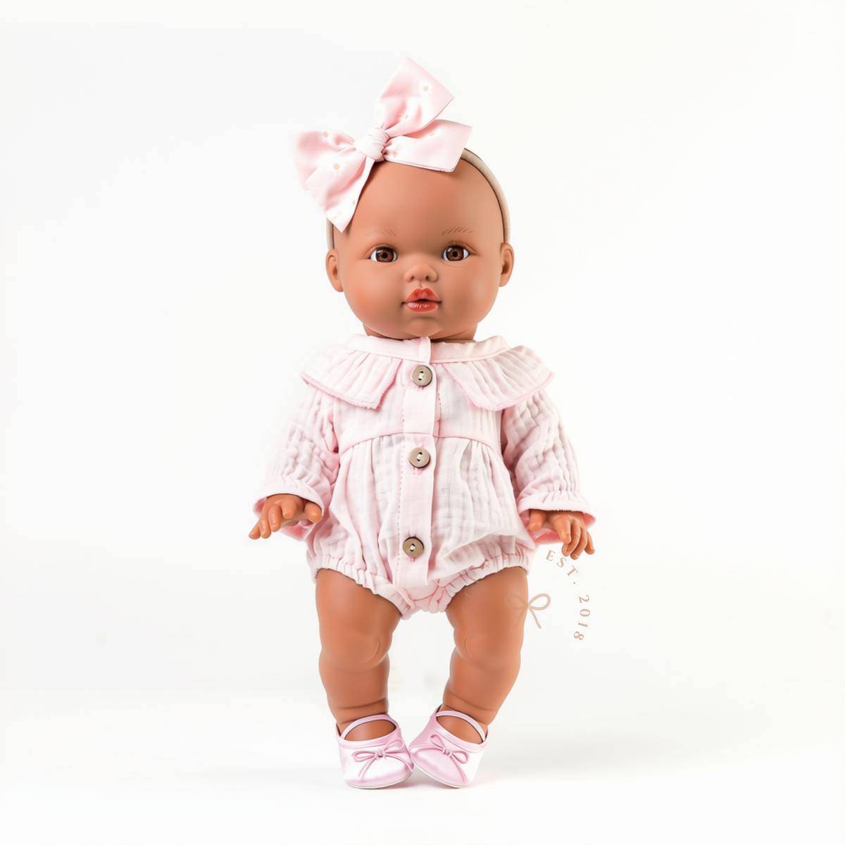 34cm Mini Colettos Alba doll in Daisy Muslin Playsuit Cotton Candy with pink bow and mary jane shoes by Nicci and Lu.