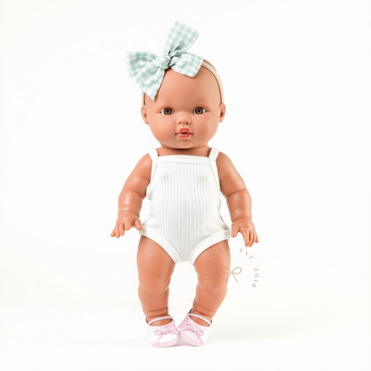 34cm Mini Colettos Alba doll wearing ivory singlet bodysuit with satin pink ballet flats - Nicci and Lu doll clothing for 34-38cm dolls.