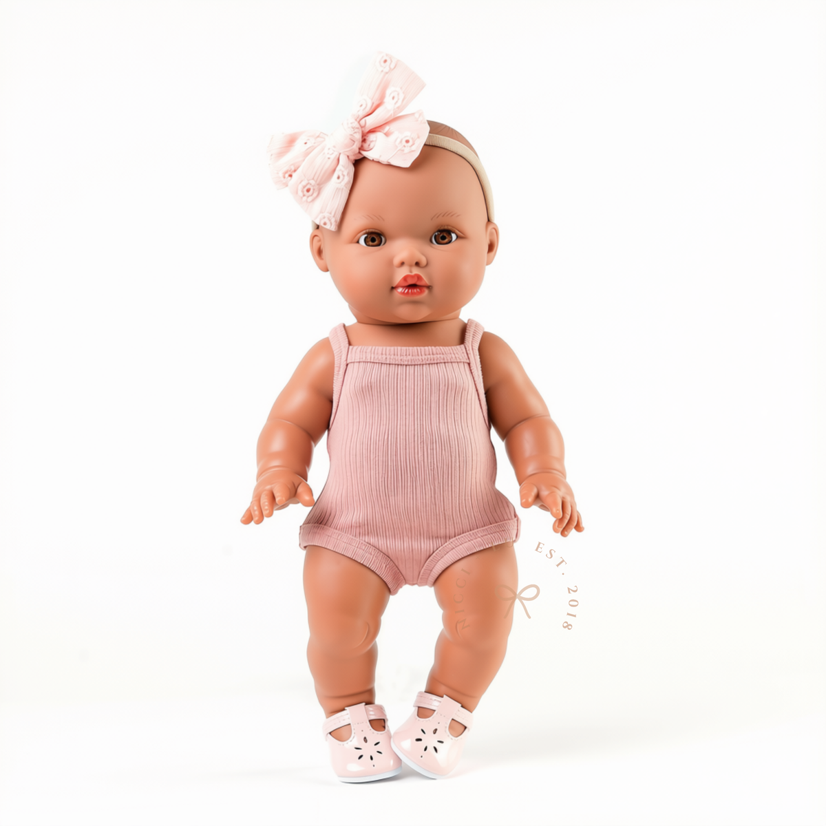 34cm Mini Colettos Alba doll in Rose Blush singlet bodysuit with soft pink mary jane shoes by Nicci and Lu