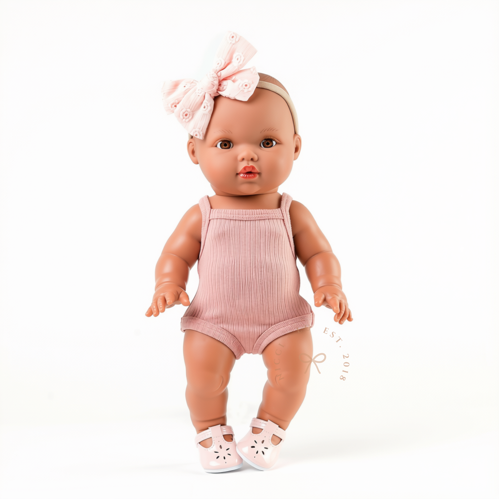 34cm Mini Colettos Alba doll in Rose Blush singlet bodysuit with soft pink mary jane shoes by Nicci and Lu