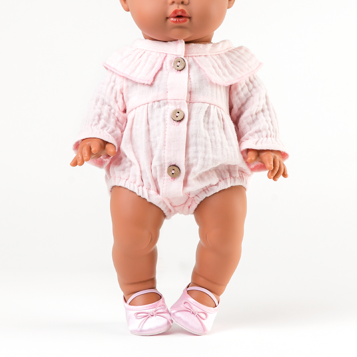 Close-up of Daisy Muslin Playsuit in Cotton Candy showing collar and wooden button detail - fits 34-38cm dolls.