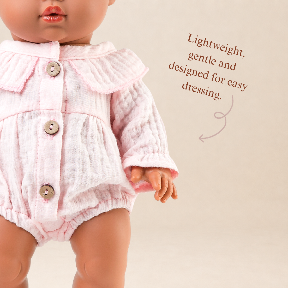 Smocked bodice for easy dressing on Daisy Muslin Playsuit in Cotton Candy - 34-38cm Australian-designed doll clothing and outfits.
