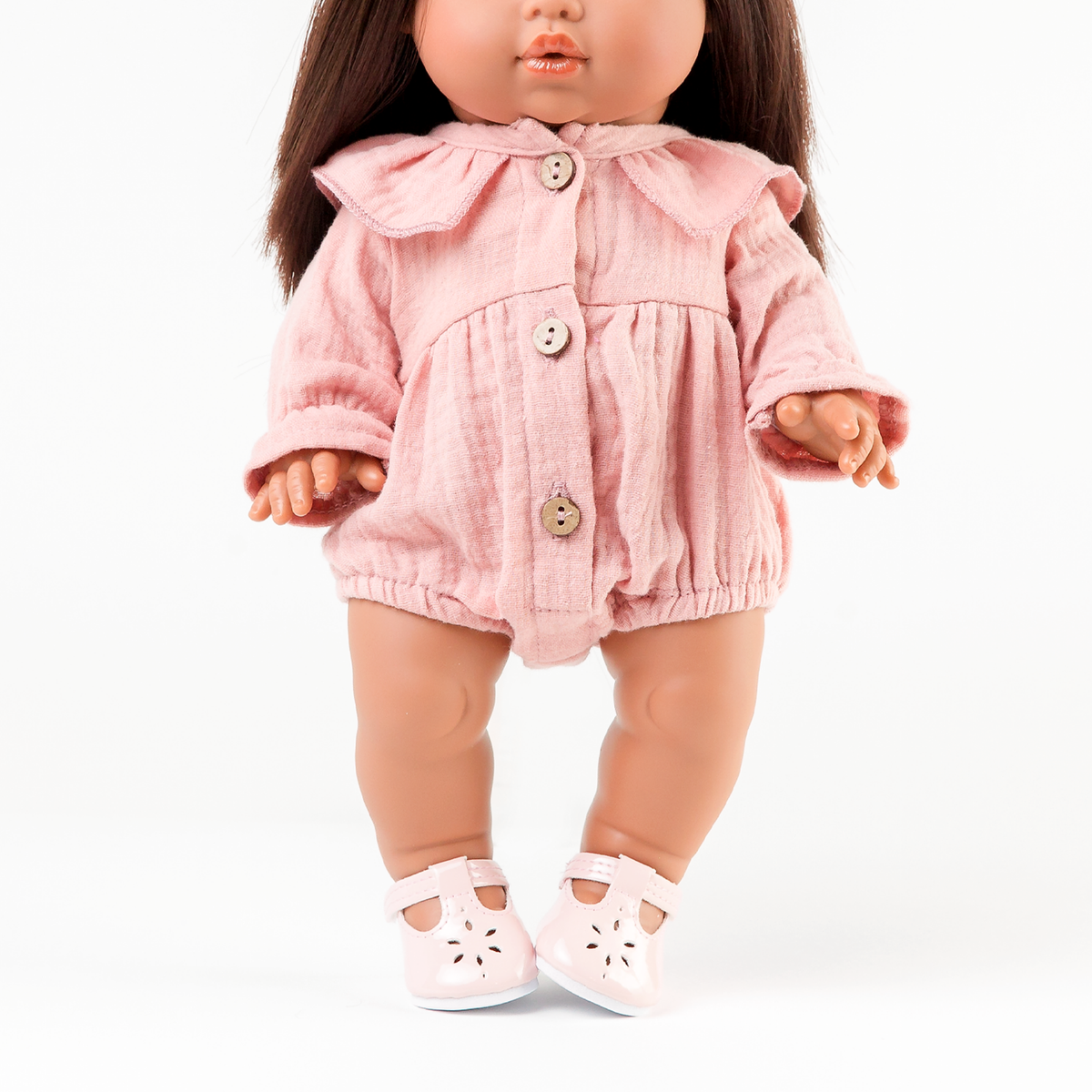 Close-up of Daisy Muslin Playsuit in Rose Blush showing gathered bodice and button detail  fits 34-38cm dolls.