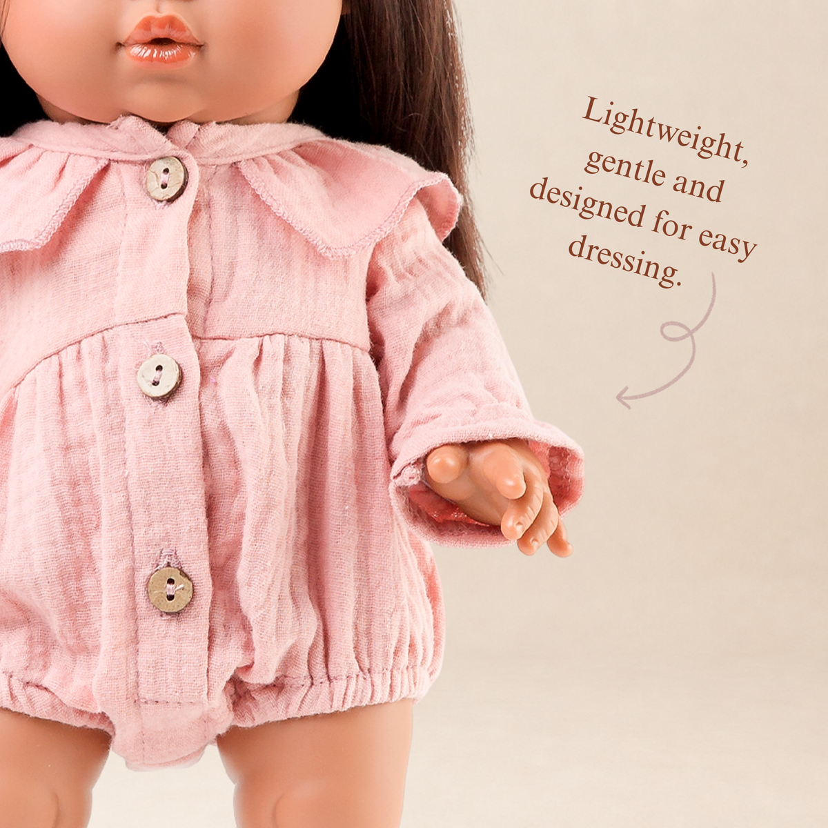 Smocked bodice detail for easy dressing on Daisy Muslin Playsuit in Rose Blush - 34-38cm doll clothing by Nicci and Lu.