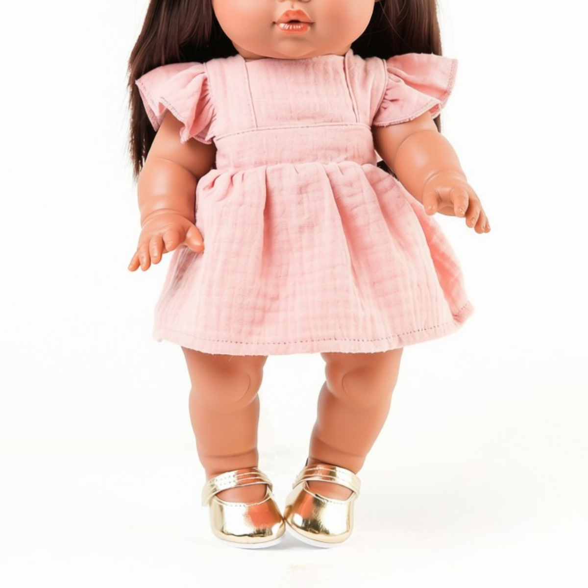 Doll Clothing + Outfits - Pippa Muslin Apron Dress fits 34-38cm Dolls - Rose Blush for Mini Colettos, Minikane and Miniland Dolls