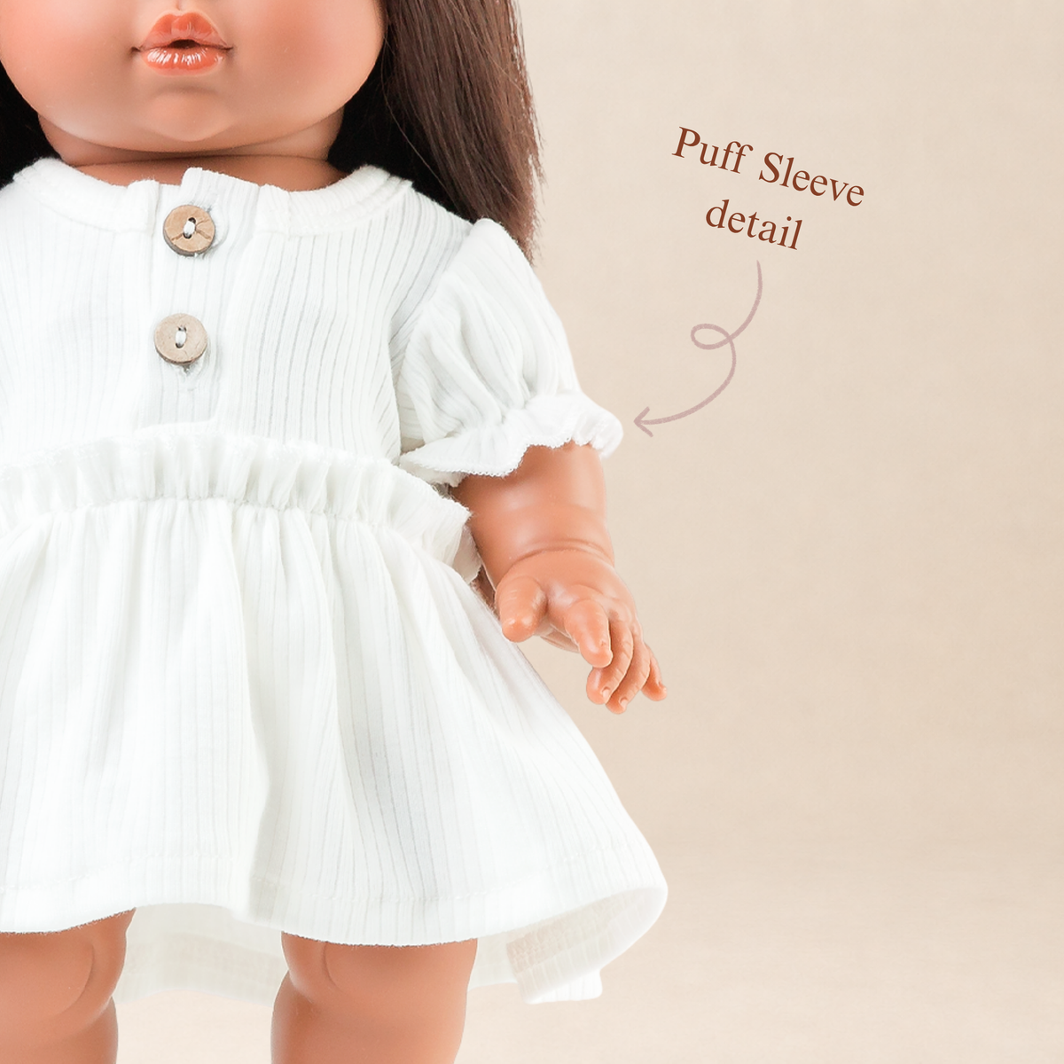 Puff sleeve detail on white 34cm doll dress by Nicci and Lu , heirloom-quality Australian-designed doll clothing for 34-38cm dolls.