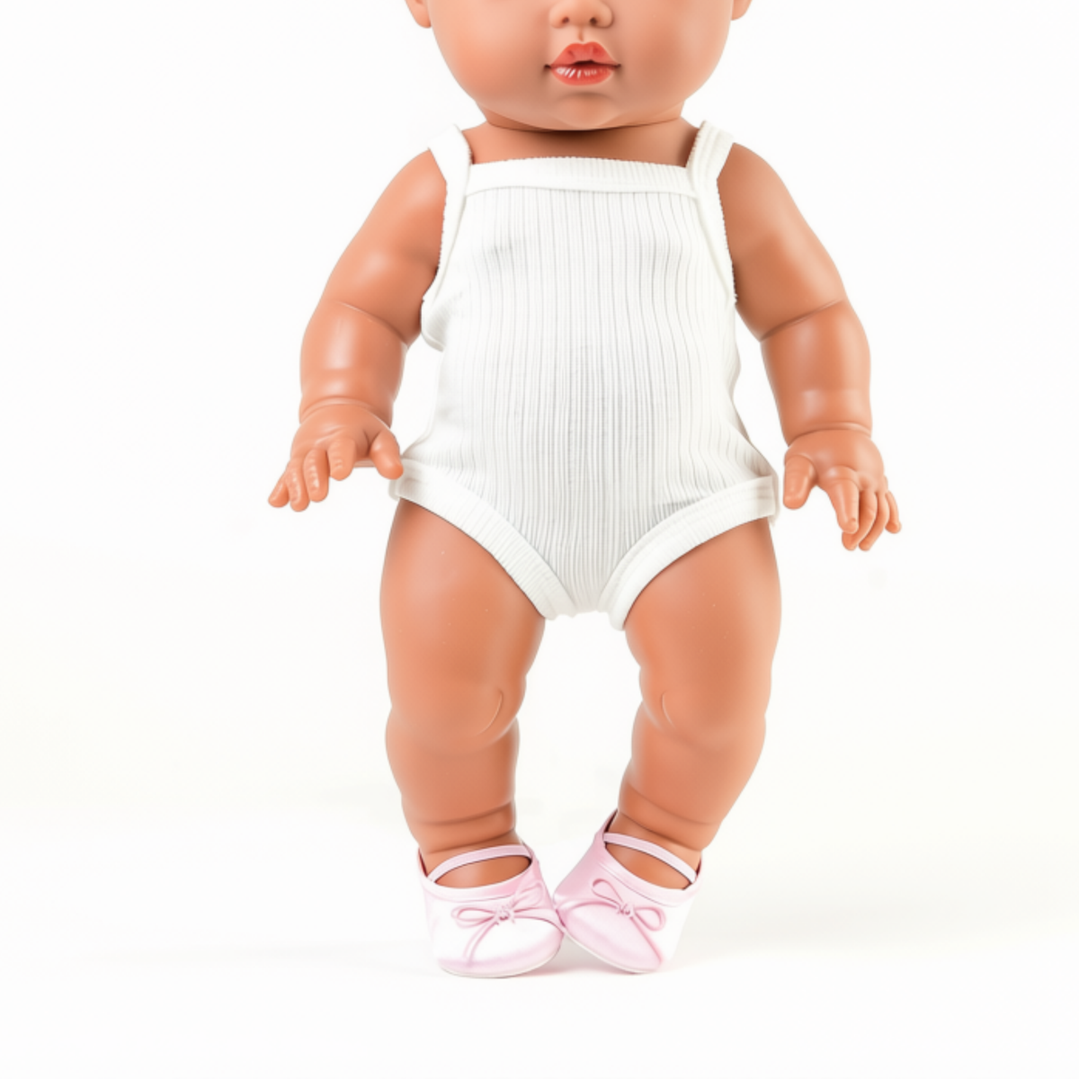 Close-up of ivory singlet bodysuit showing ribbed texture and fit on 34cm doll with ballet flats by Nicci and Lu for 34-38cm dolls.