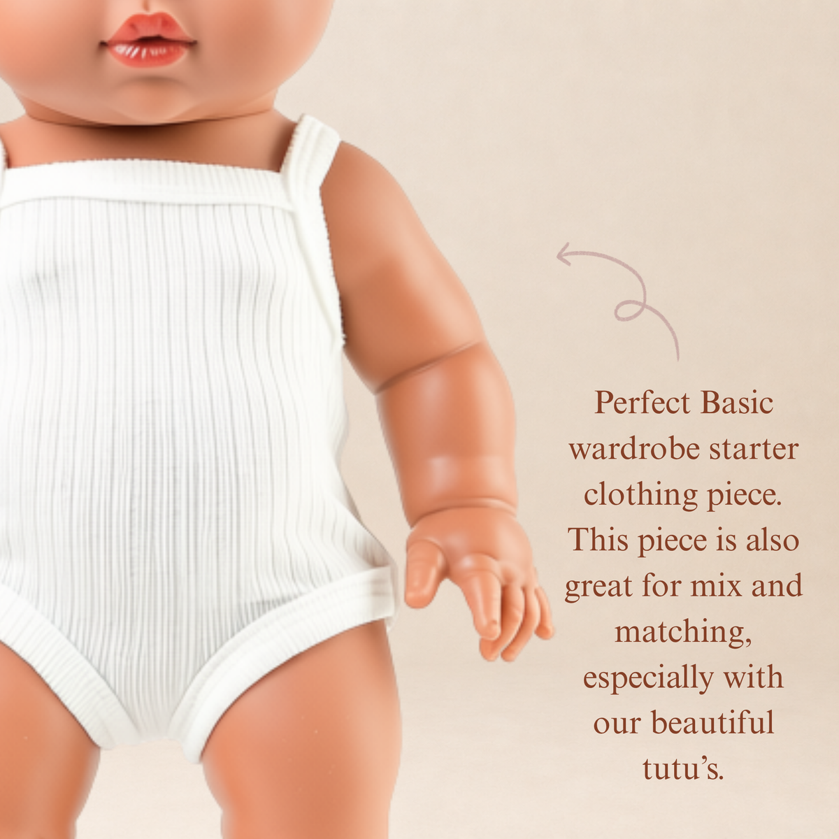 Ivory singlet bodysuit for 34-38cm dolls, perfect basic staple for mix and match styling with tutus by Nicci and Lu.