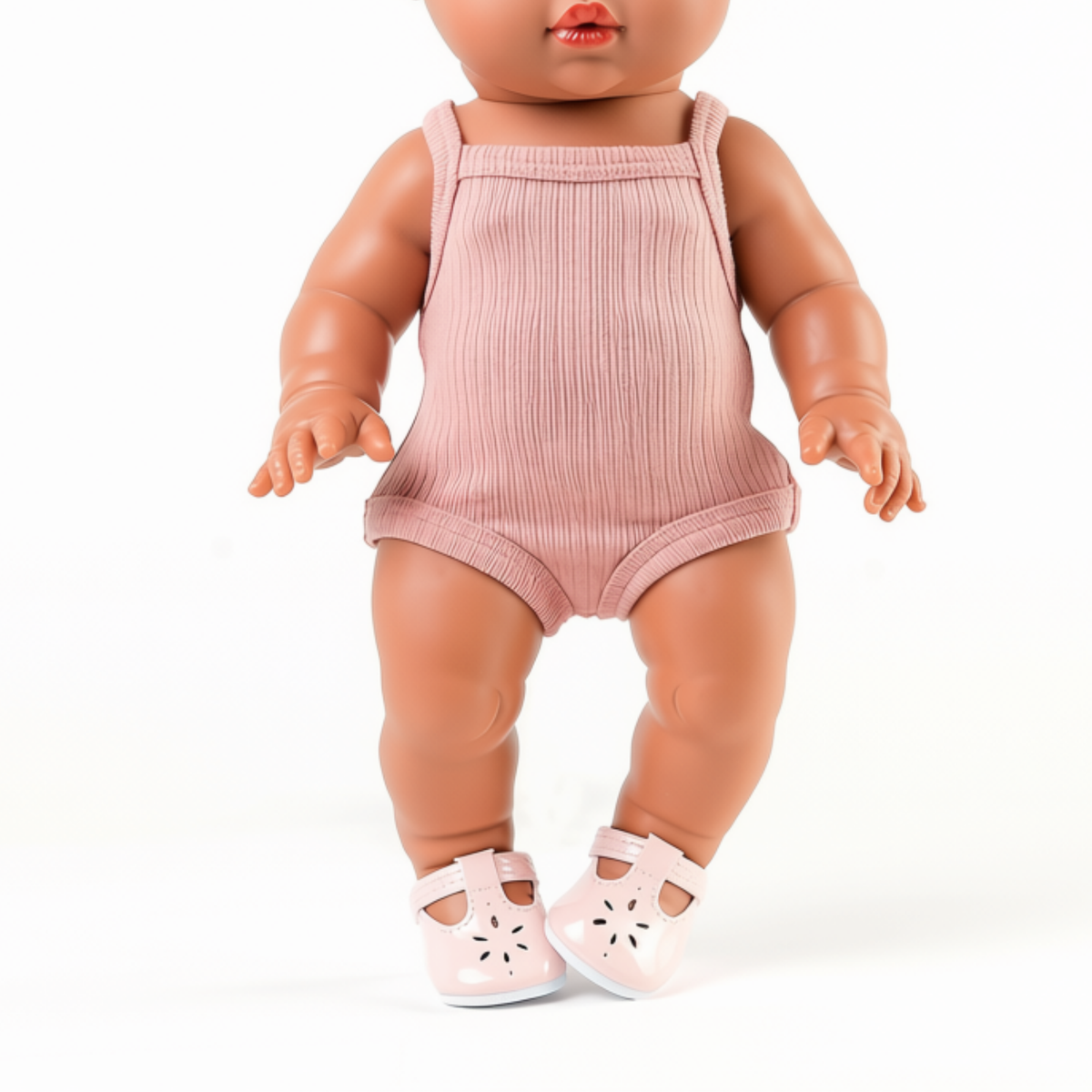 Close-up of singlet bodysuit in Rose Blush showing ribbed texture and fit on 34cm doll - Nicci and Lu doll clothing and outfits.