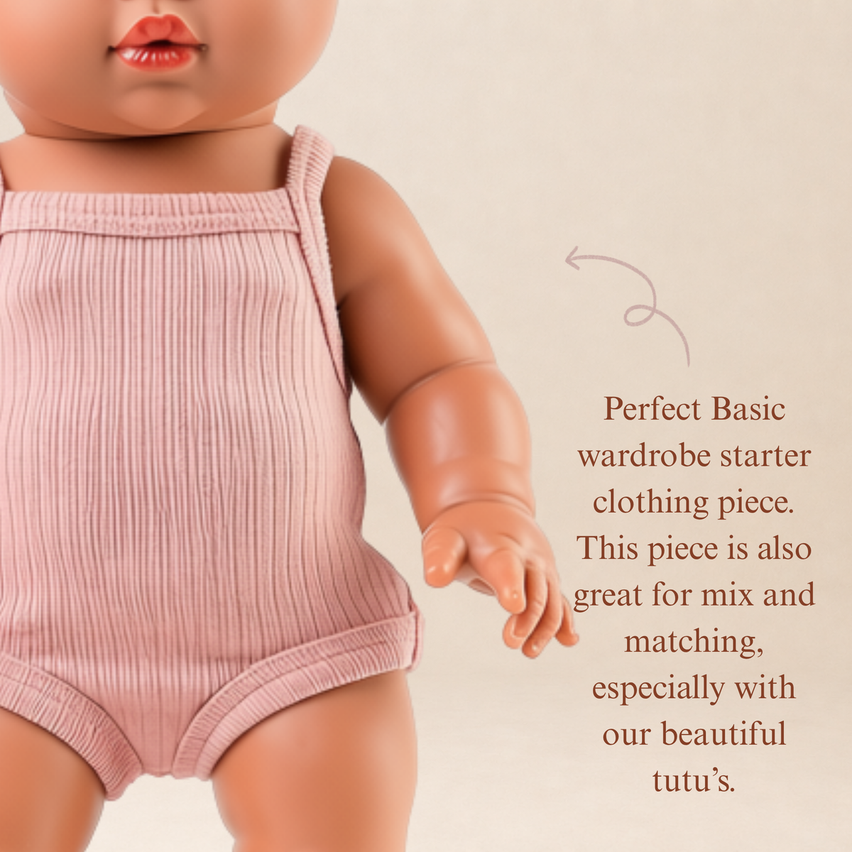 Rose Blush singlet bodysuit for 34cm dolls, perfect basic staple for mix and match styling with tutus - Nicci and Lu