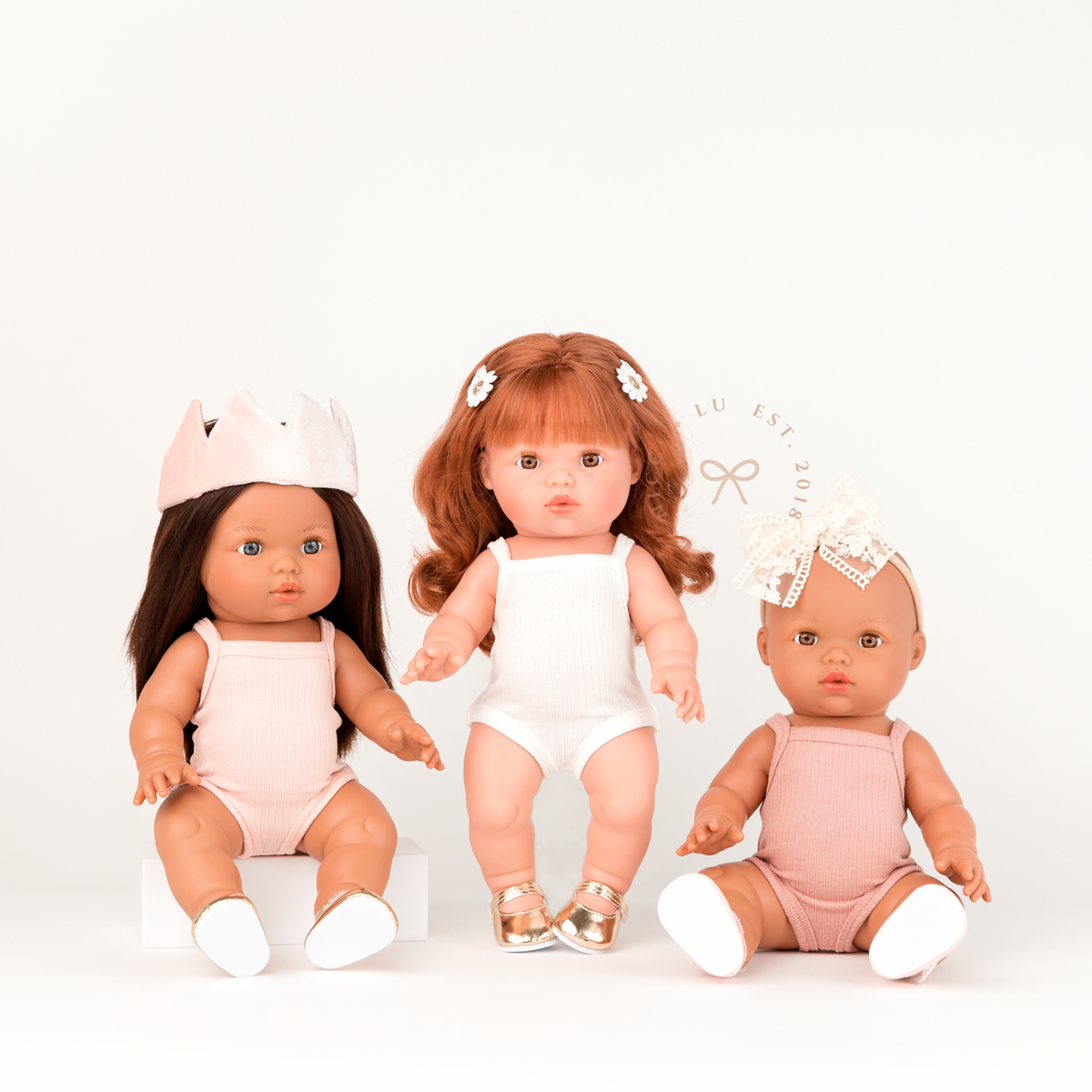 34cm Mini Colettos Isabel, Sophia and Alba dolls wearing singlet bodysuits in Rose Pink, Ivory and Rose Blush by Nicci and Lu for 34-38cm dolls.