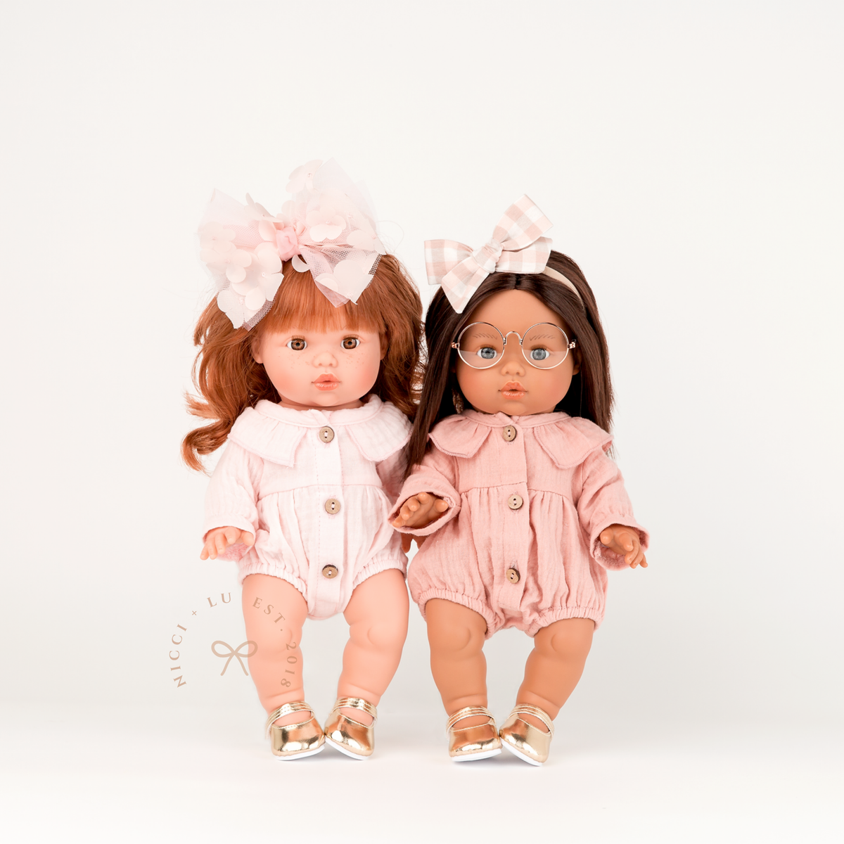 34cm Mini Colettos Sophia in Cotton Candy and Isabel in Rose Blush Daisy Muslin Playsuits - Nicci and Lu doll clothing.