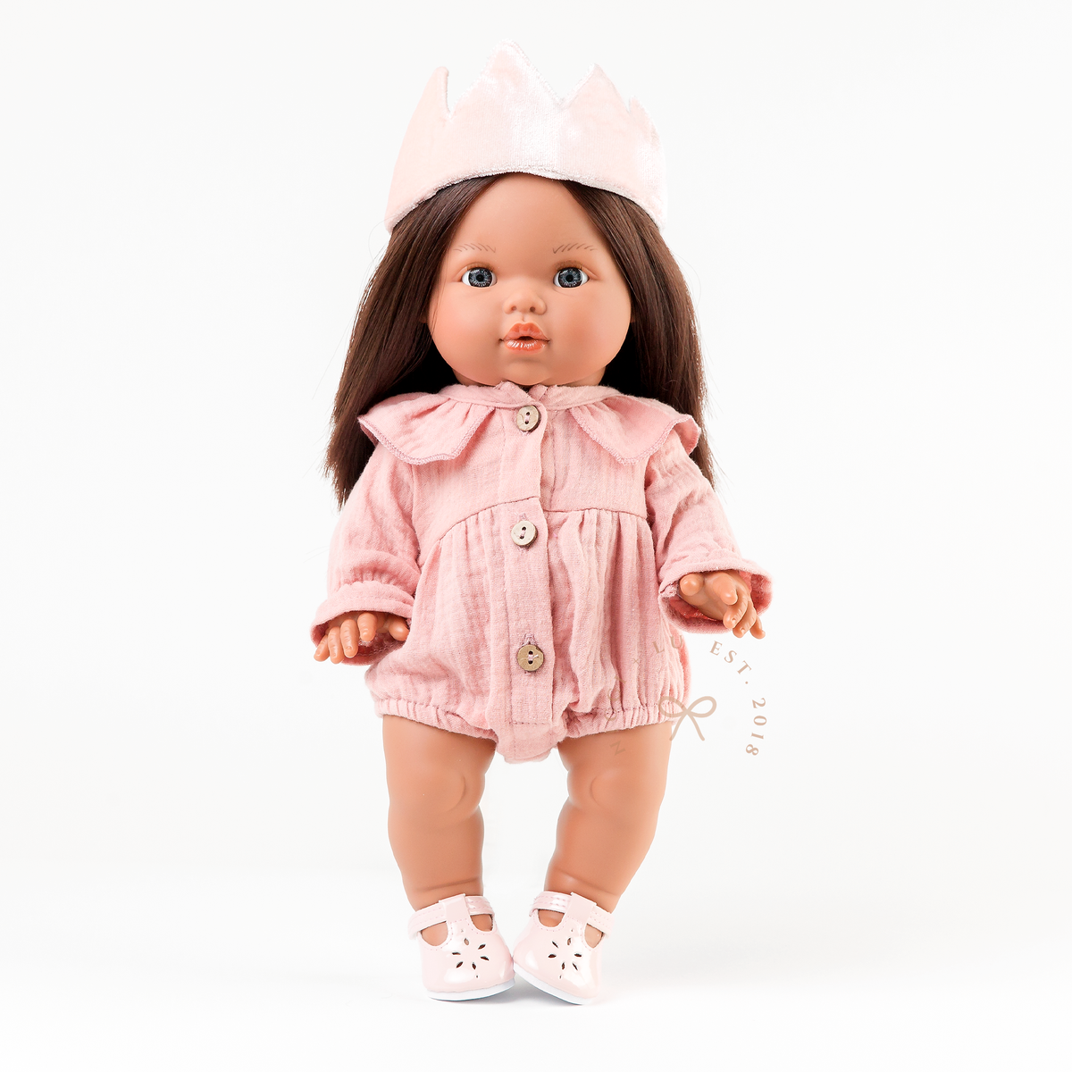 34cm Isabel doll in Daisy Muslin Playsuit Rose Blush with wooden button detail and mary jane shoes by Nicci and Lu