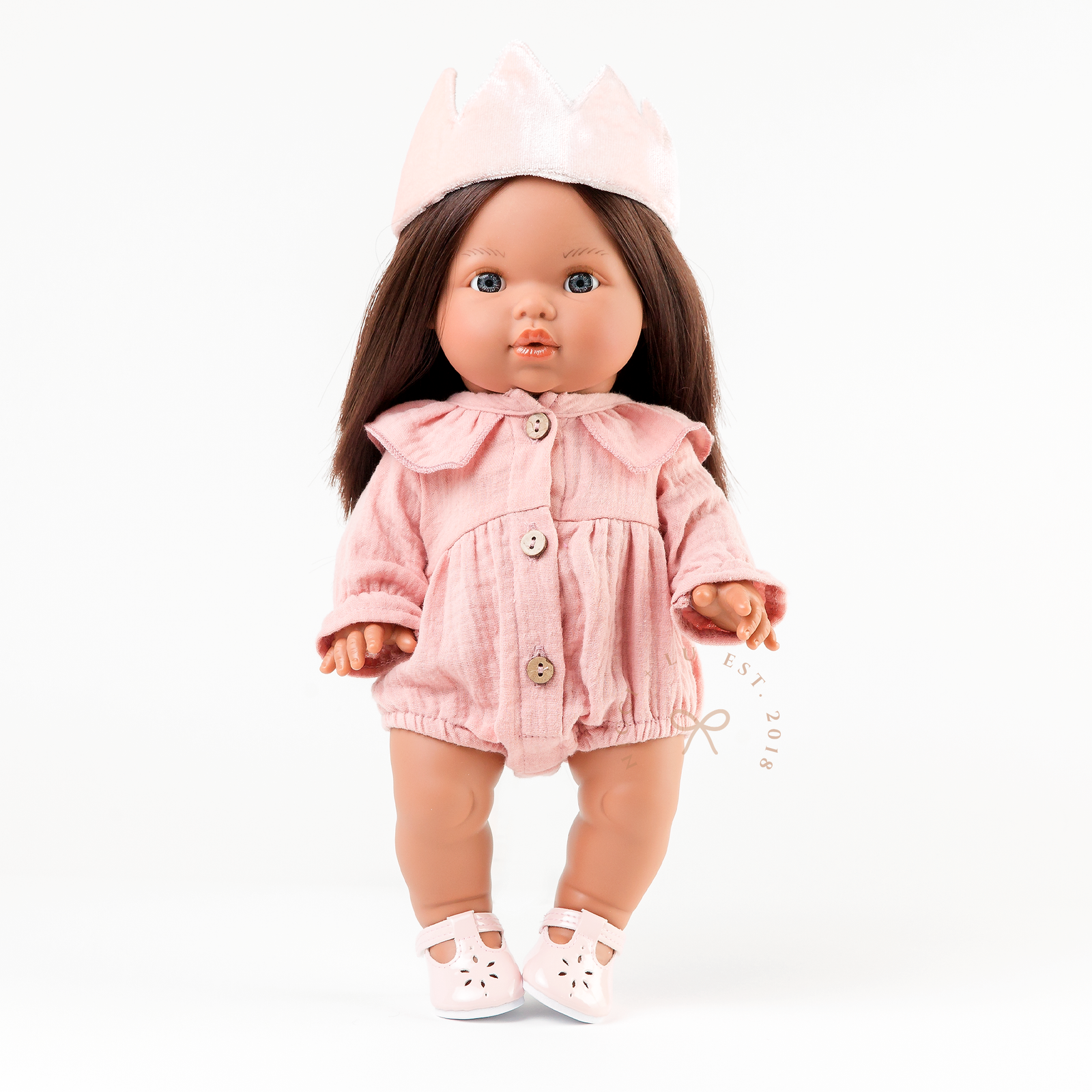 34cm Isabel doll in Daisy Muslin Playsuit Rose Blush with wooden button detail and mary jane shoes by Nicci and Lu