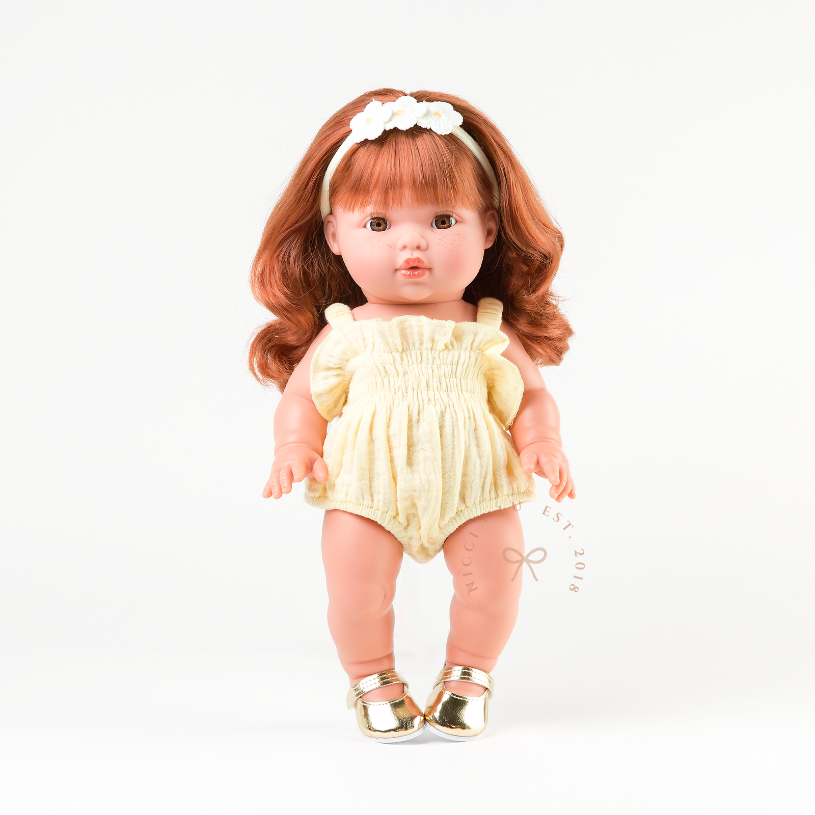 Doll Clothing + Outfits - Pippa Muslin Apron Dress fit 34-38cm Dolls - Lemon for Mini Colettos, Minikane and Miniland Dolls