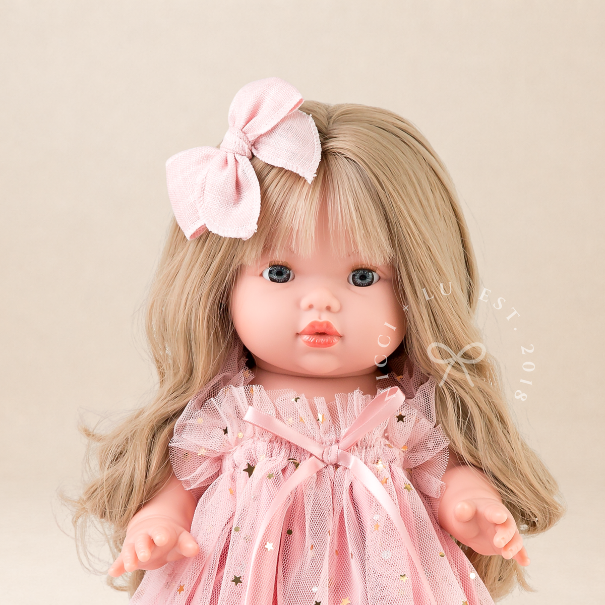 Mini Colettos Alaska wearing the Rose Blush Tulle Ballet Dress with a Pink Fable Bow.