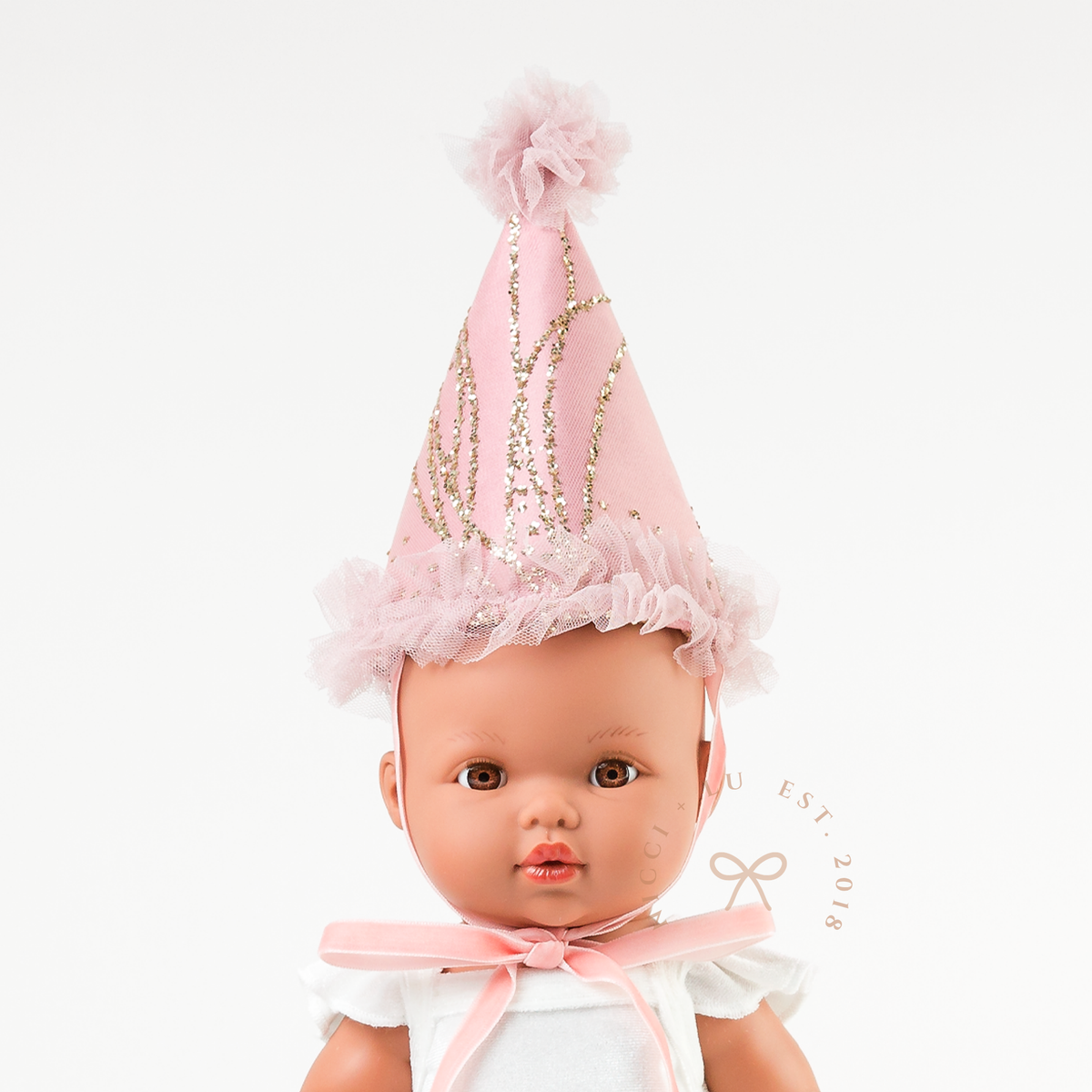 Mini Colettos Alba wearing the Ivory Frilled Velvet Singlet Bodysuit with the Magical Party Hat and Gold Mary Jane Shoes.