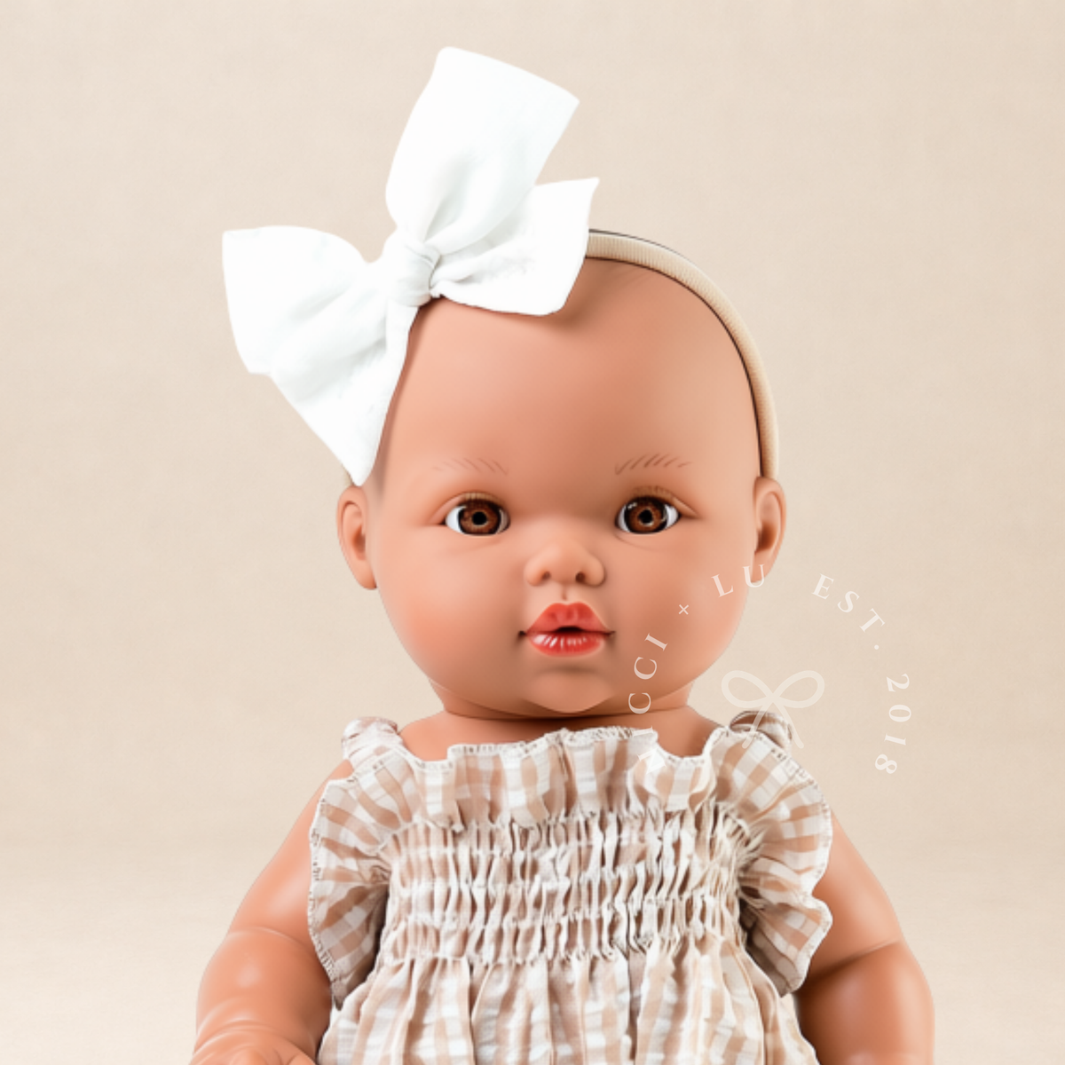 Doll Clothing + Outfits – Olivia Smock Bubble Romper fits 34-38cm Dolls - Gingham Beige for Mini Colettos, Minikane and Miniland Dolls