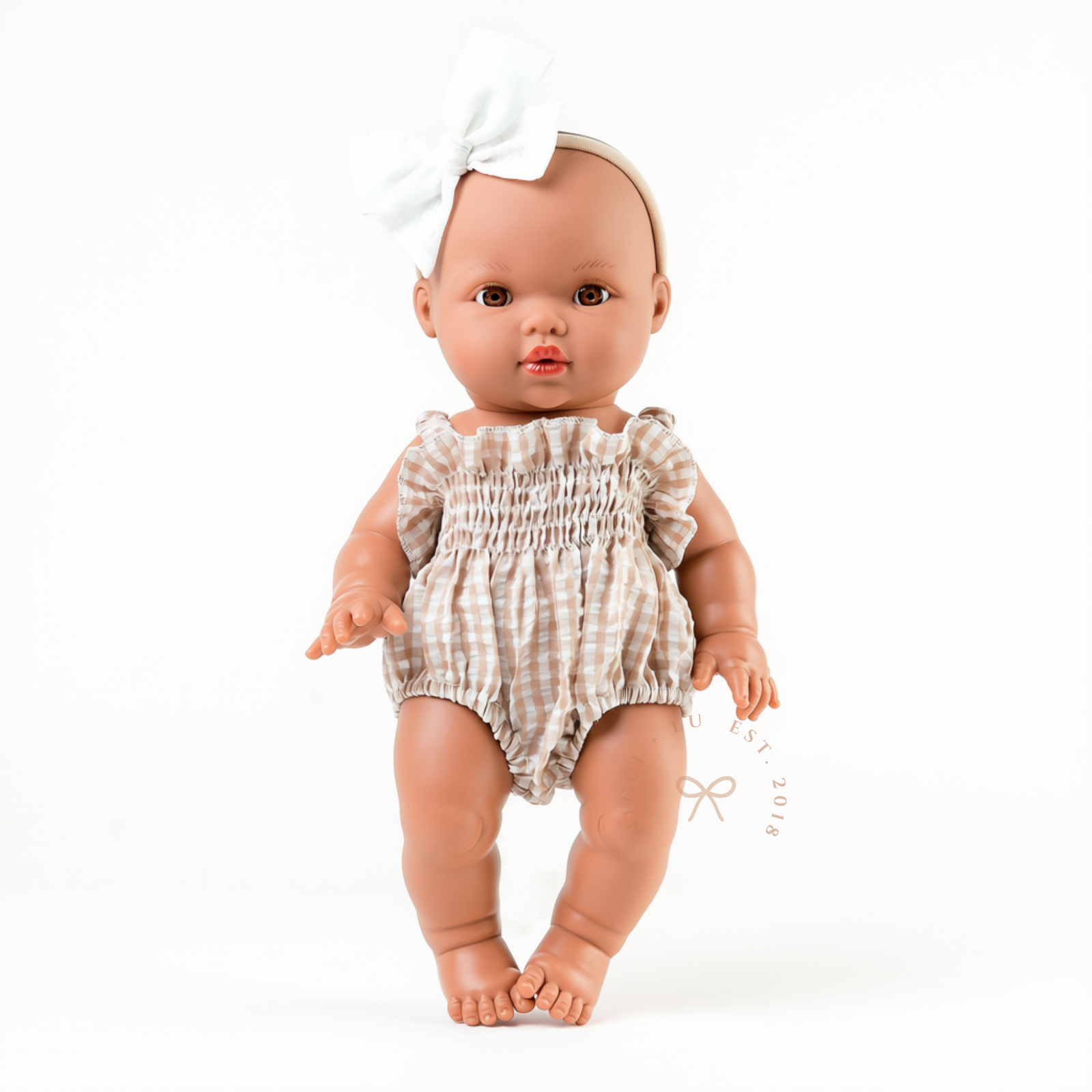 Doll Clothing + Outfits – Olivia Smock Bubble Romper fits 34-38cm Dolls - Gingham Beige for Mini Colettos, Minikane and Miniland Dolls