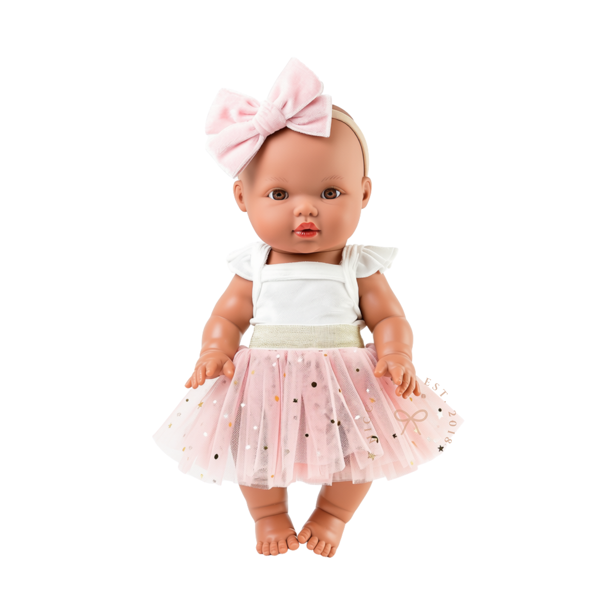 34cm Mini Colettos Alba wearing the Rose Blush Tulle Tutu Skirt with the Ivory velvet flutter Singlet Bodysuit.
