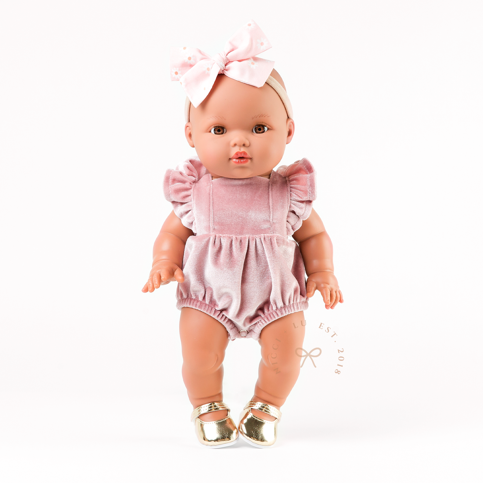 Frilled bubble playsuit rose blush velvet doll clothes on a white background