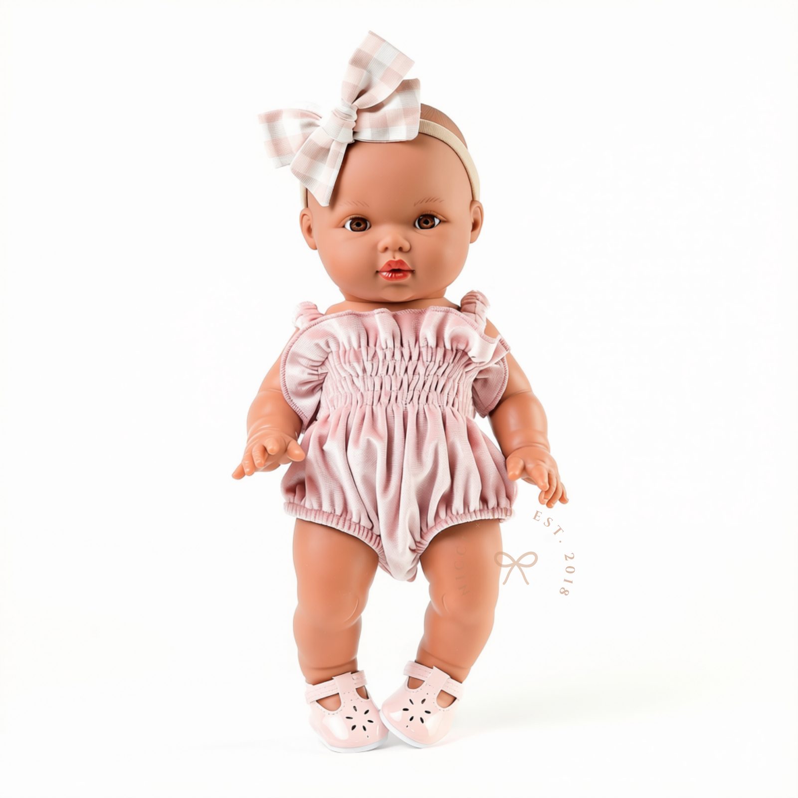 Doll Clothing + Outfits – Olivia Smock Bubble Romper fits 34-38cm Dolls - Rose Blush Velvet for Mini Colettos, Minikane and Miniland Dolls