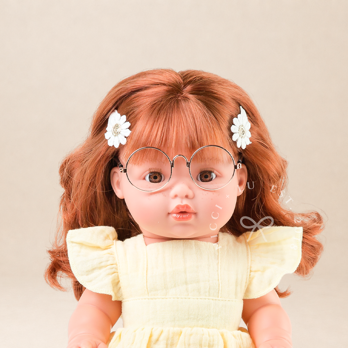 Doll Clothing + Outfits - Pippa Muslin Apron Dress fit 34-38cm Dolls - Lemon for Mini Colettos, Minikane and Miniland Dolls