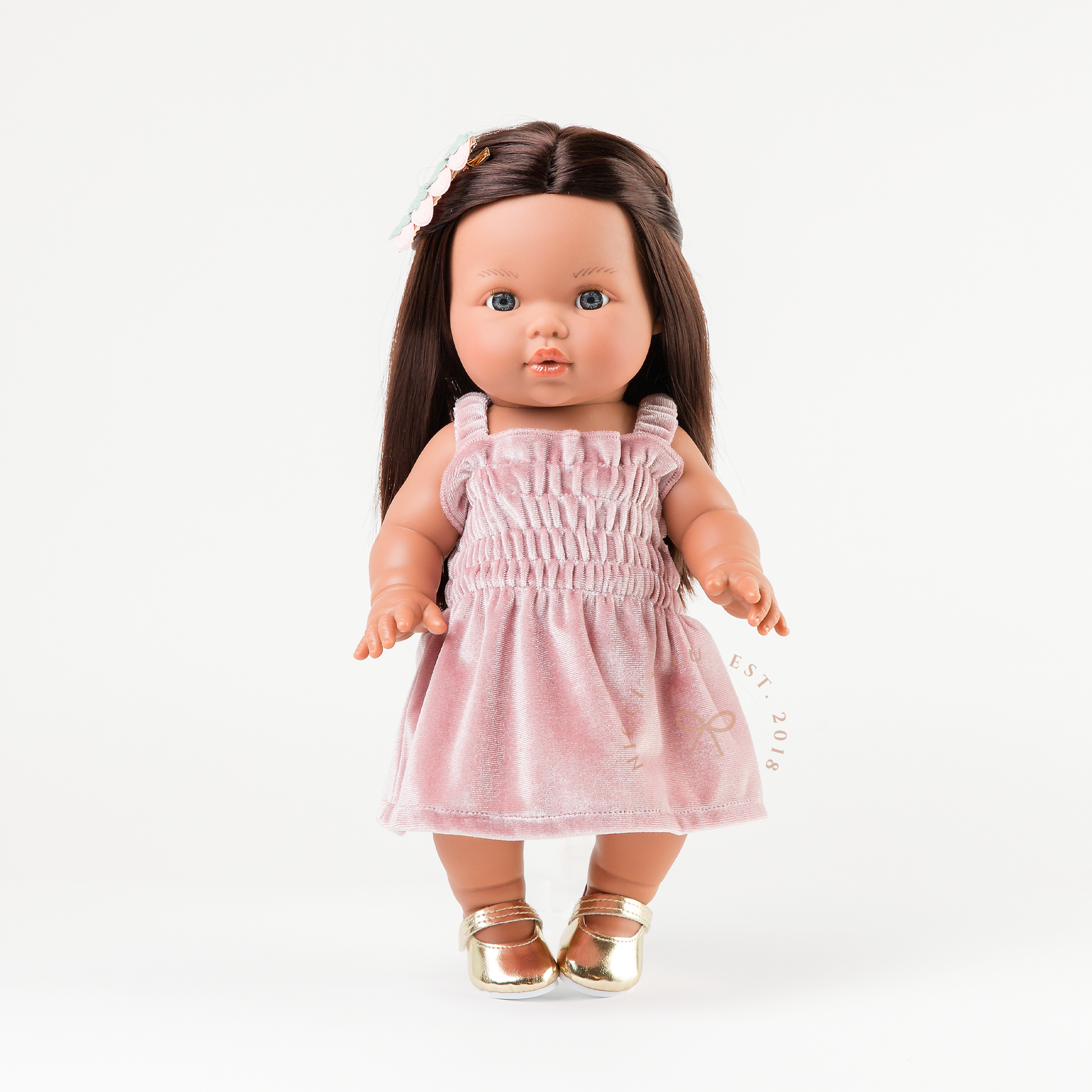 Smocked rose blush velvet dress set for 34cm dolls