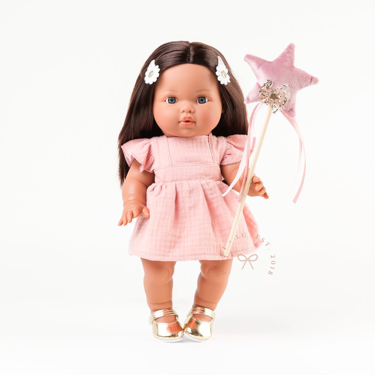 Doll Clothing + Outfits - Pippa Muslin Apron Dress fits 34-38cm Dolls - Rose Blush for Mini Colettos, Minikane and Miniland Dolls