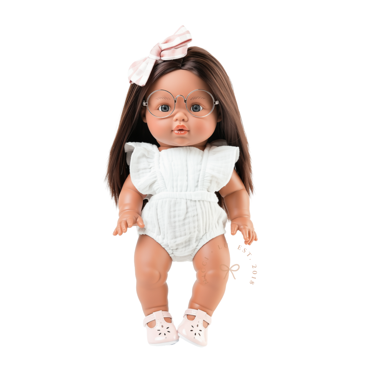 34cm Mini Colettos Isabel wearing the Flutter Romper in Ivory with Soft Pink Mary Jane Shoes.