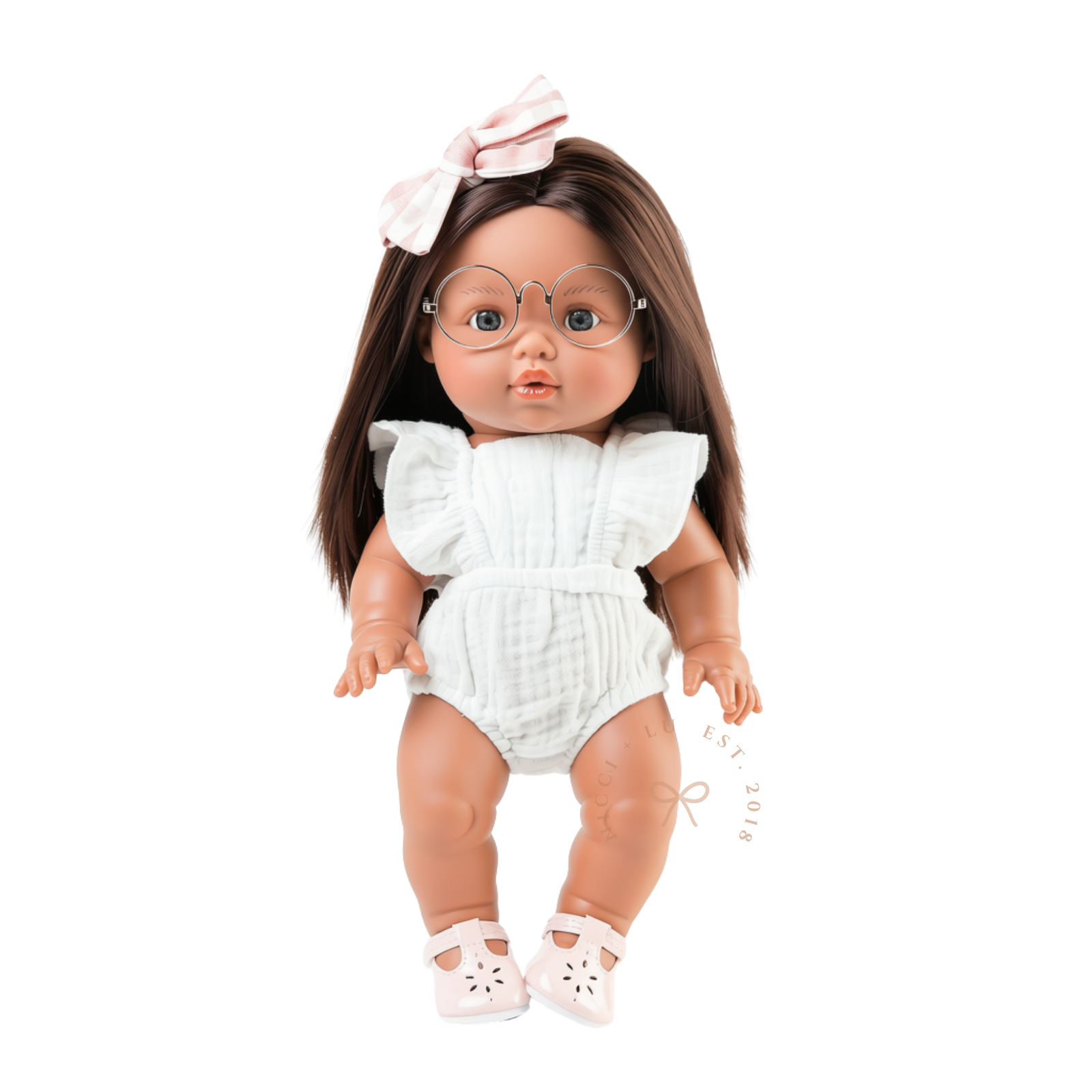 34cm Mini Colettos Isabel wearing the Flutter Romper in Ivory with Soft Pink Mary Jane Shoes.