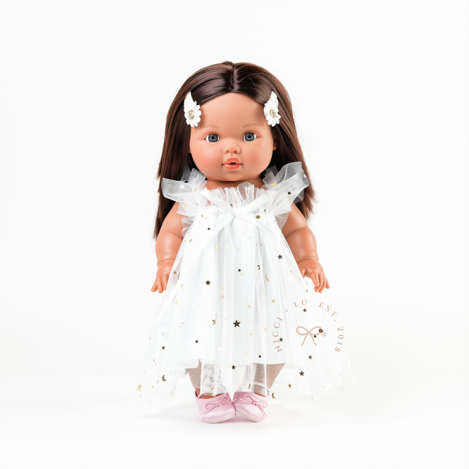 Ivory Doll Tulle Ballet Dress with layered tulle skirt, delicate shoulder straps and bow detail.