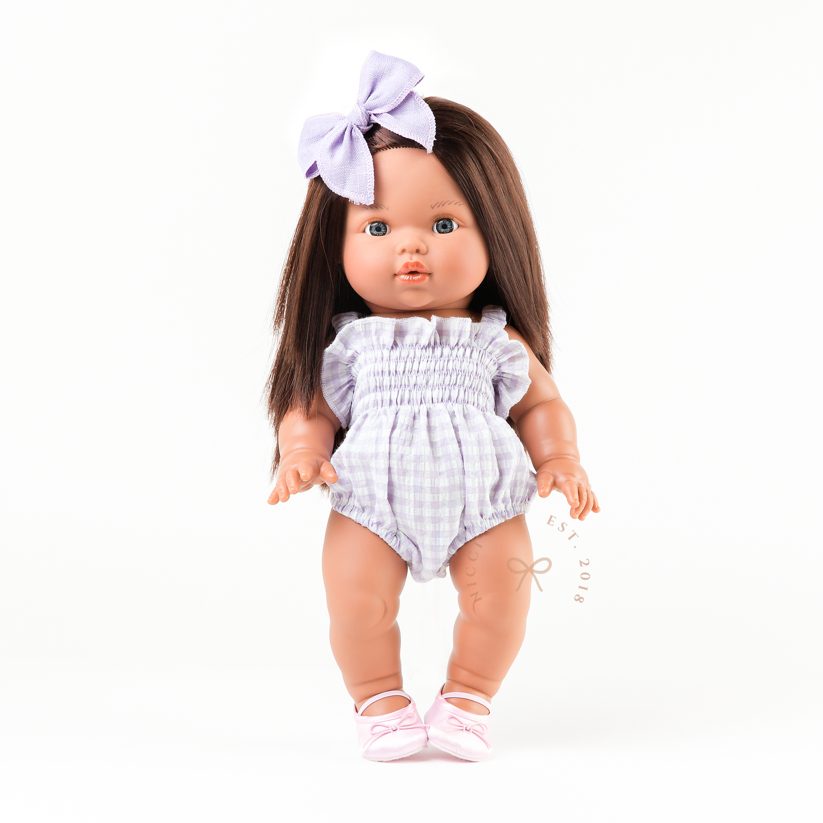 Olivia Smocked Bubble Romper in Lilac Gingham for 34-38cm dolls.