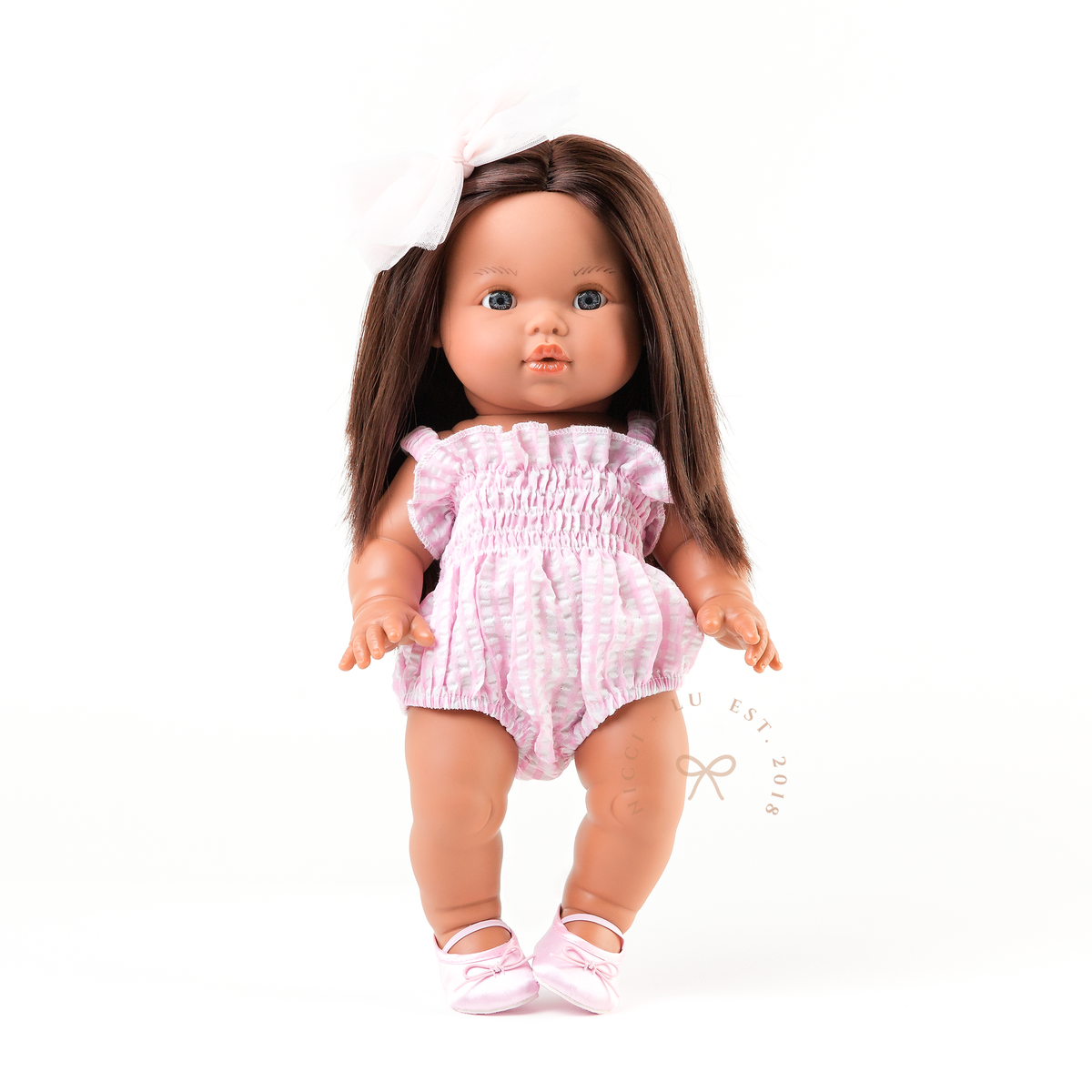 Doll Clothing + Outfits – Olivia Smock Bubble Romper fits 34-38cm Dolls - Gingham Pink for Mini Colettos, Minikane and Miniland Dolls