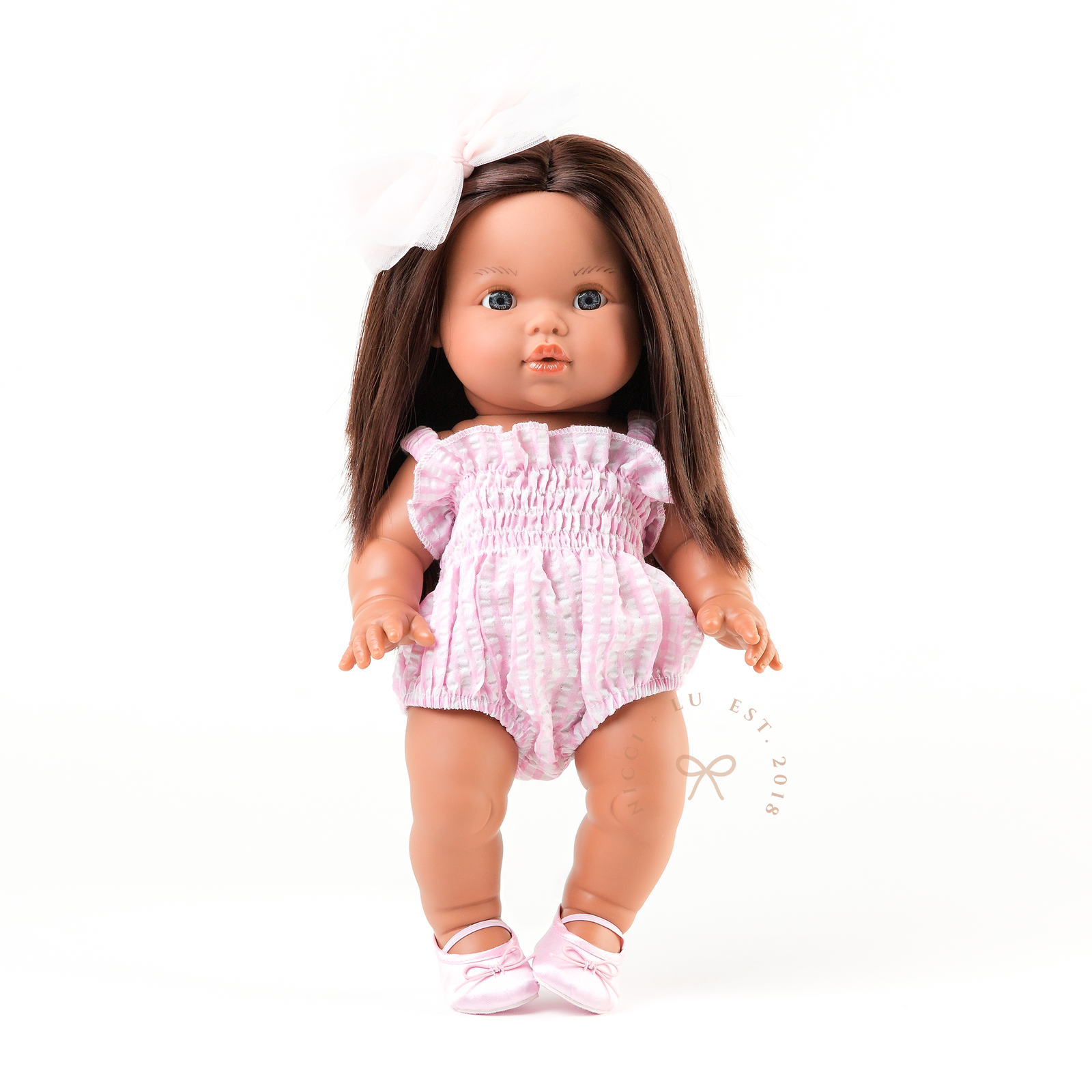 Doll Clothing + Outfits – Olivia Smock Bubble Romper fits 34-38cm Dolls - Gingham Pink for Mini Colettos, Minikane and Miniland Dolls