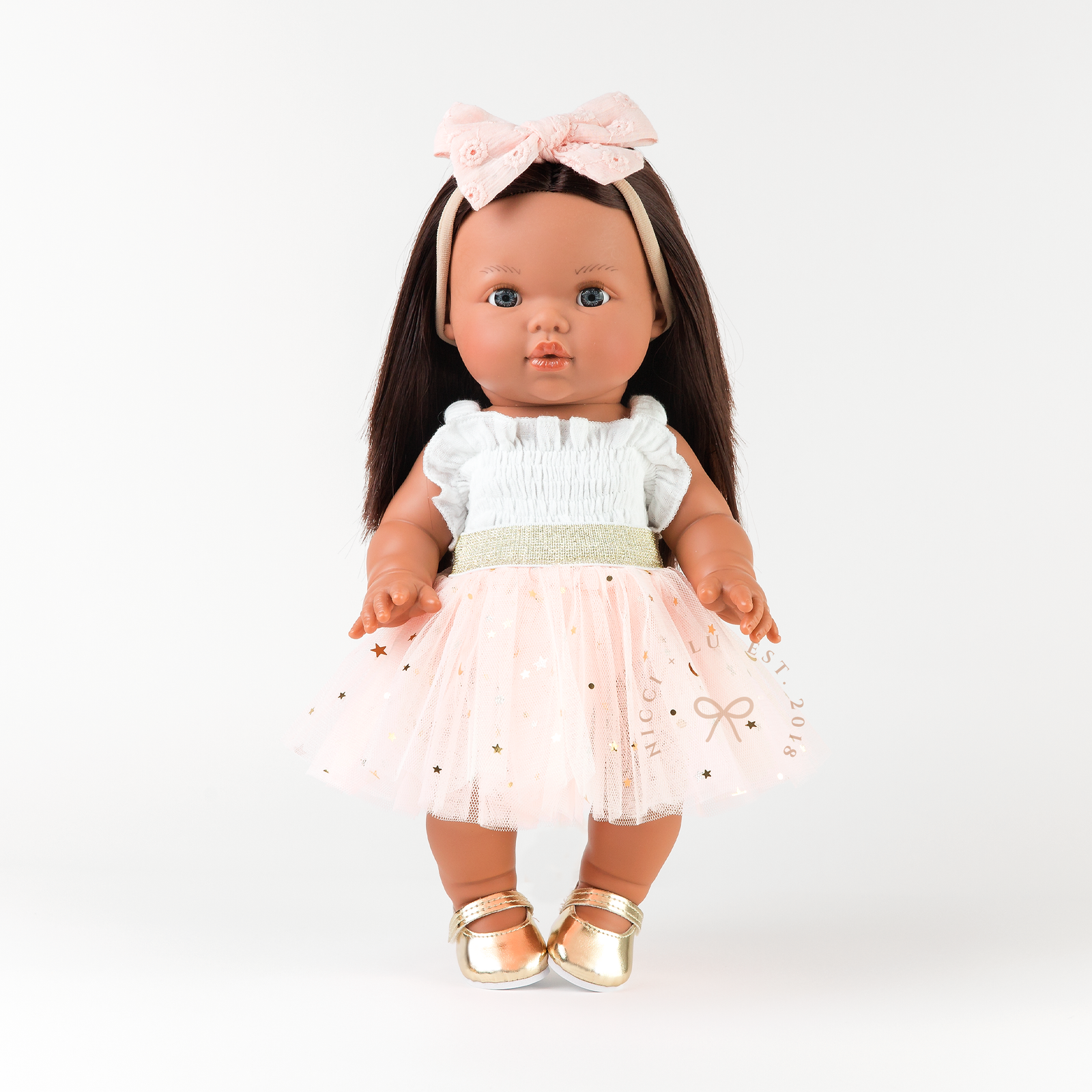 Flat lay of the Peach Doll Tulle Tutu outfit with layered soft nylon tulle for 34-38cm dolls.