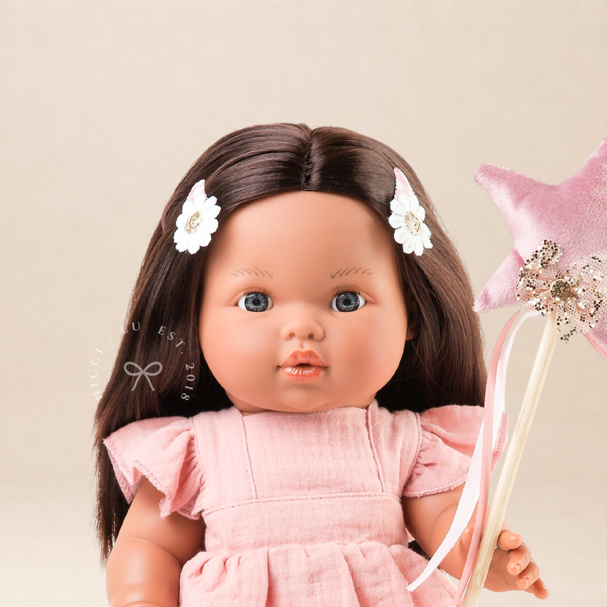 Doll Clothing + Outfits - Pippa Muslin Apron Dress fits 34-38cm Dolls - Rose Blush for Mini Colettos, Minikane and Miniland Dolls