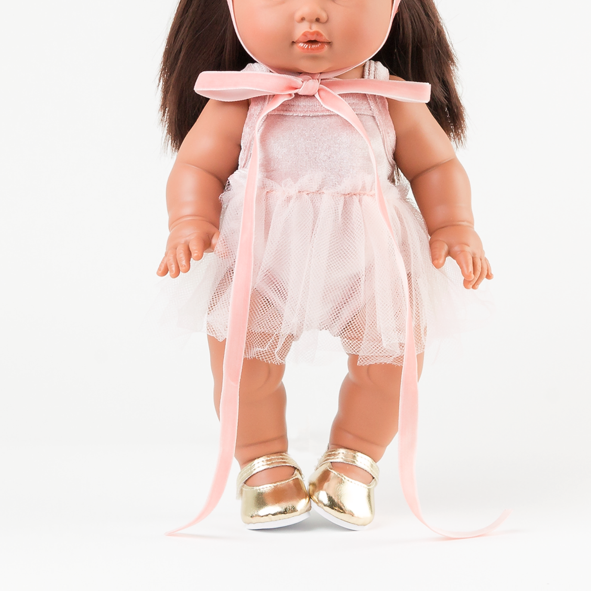 Mini Colettos Isabel wearing a Rose Blush Velvet Singlet Tutu with Gold Mary Jane Shoes for 34-38cm dolls.