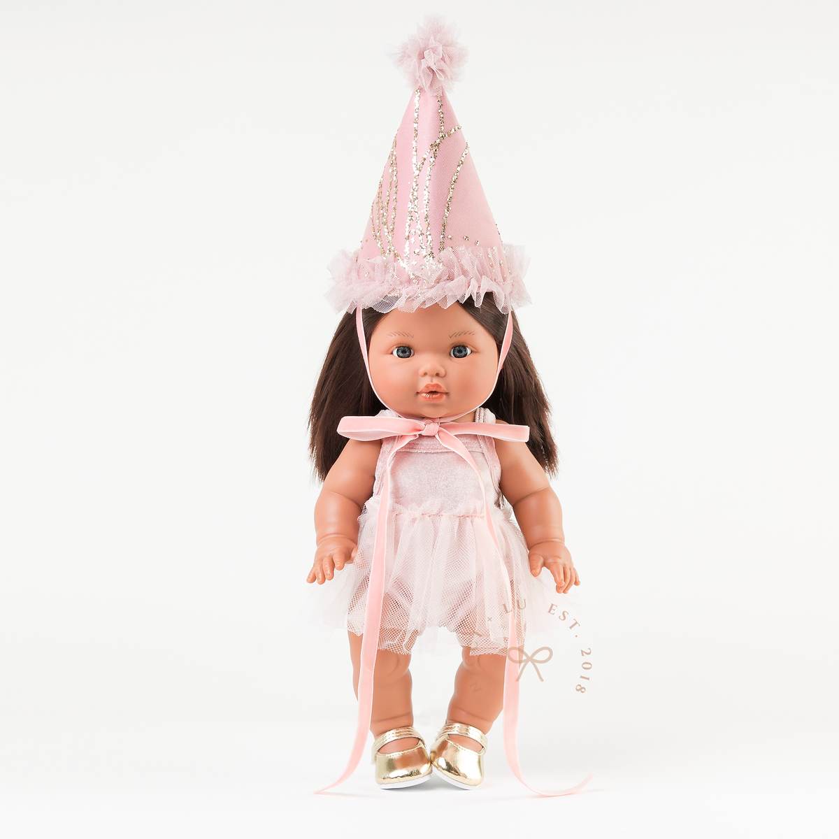 Mini Colettos Isabel wearing the Rose Blush Velvet Singlet Tutu with a whimsical Tulle Party Hat and Gold Mary Jane Shoes for 34-38cm dolls.