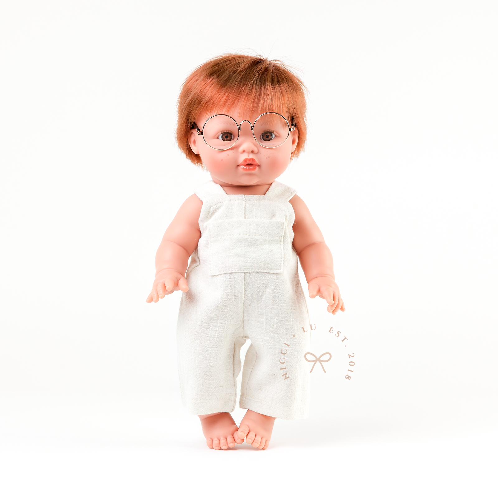 Jamie Oatmeal overalls for 34-38cm Dolls on a white background