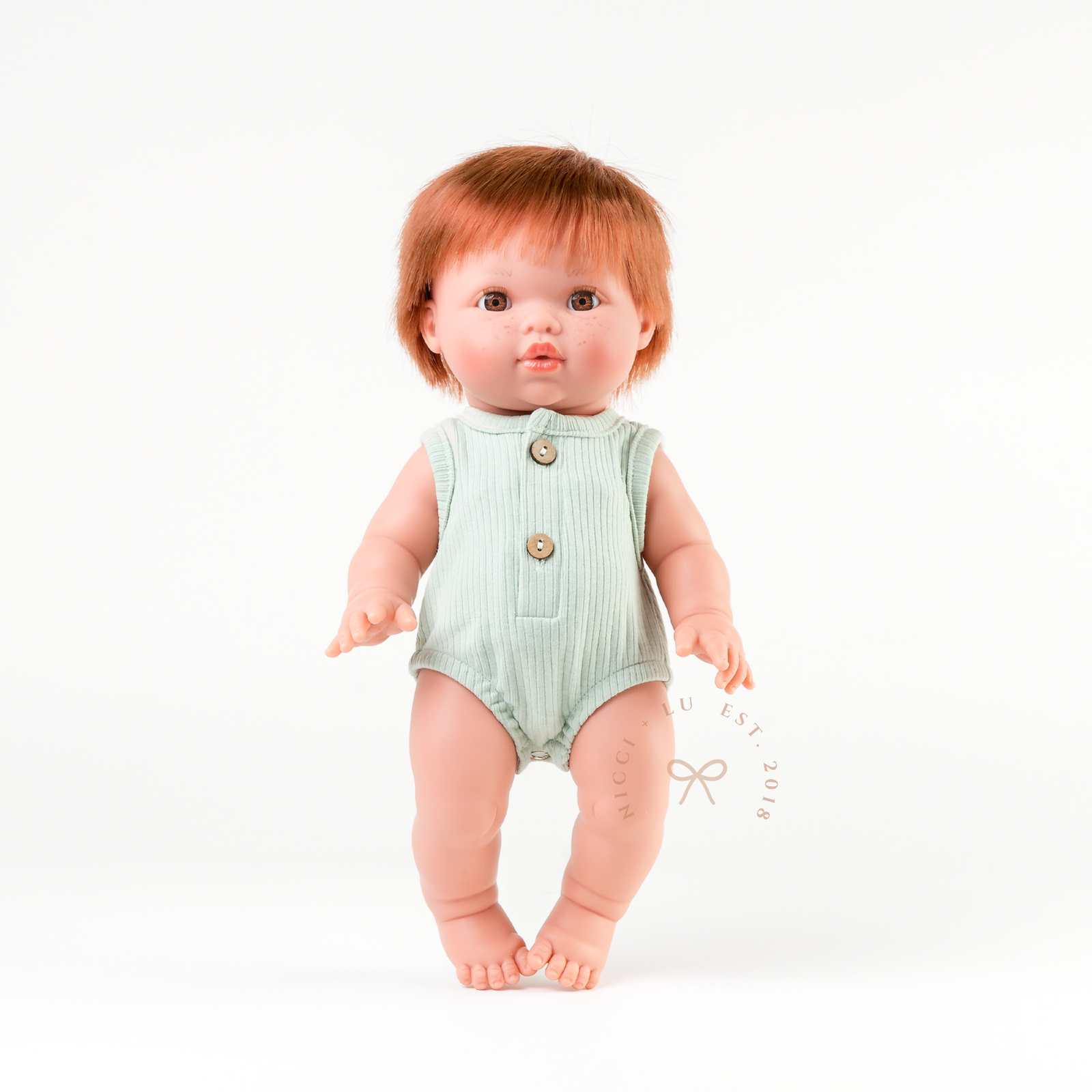 Doll clothing and outfits for 34-38cm doll Sage Luca ribbed bubble romper with buttons.