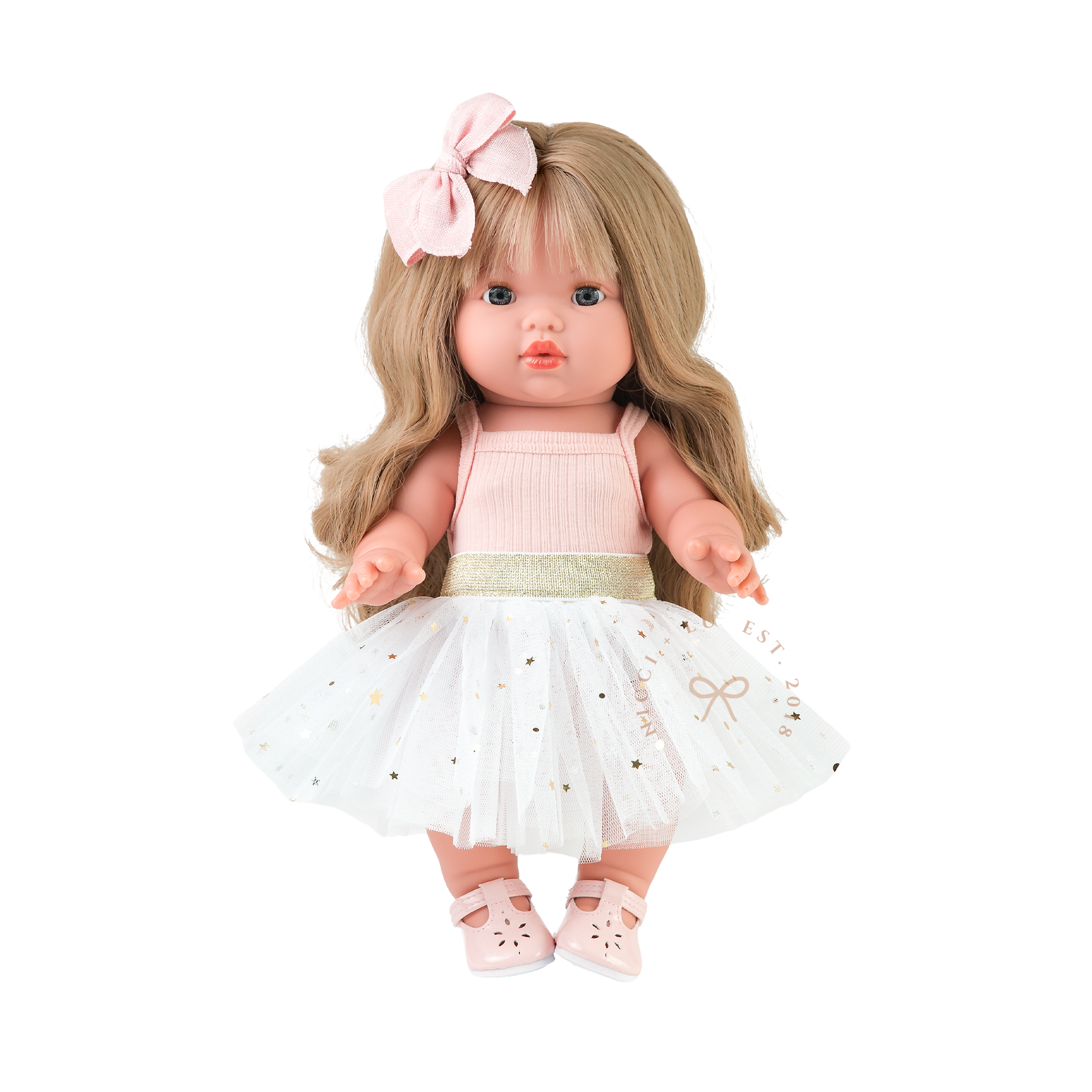 34cm Mini Colettos Lyla doll wearing the Ivory Tulle Tutu Skirt with the Rose Pink Singlet Bodysuit and Soft Pink Mary Jane Shoes by Nicci and Lu.