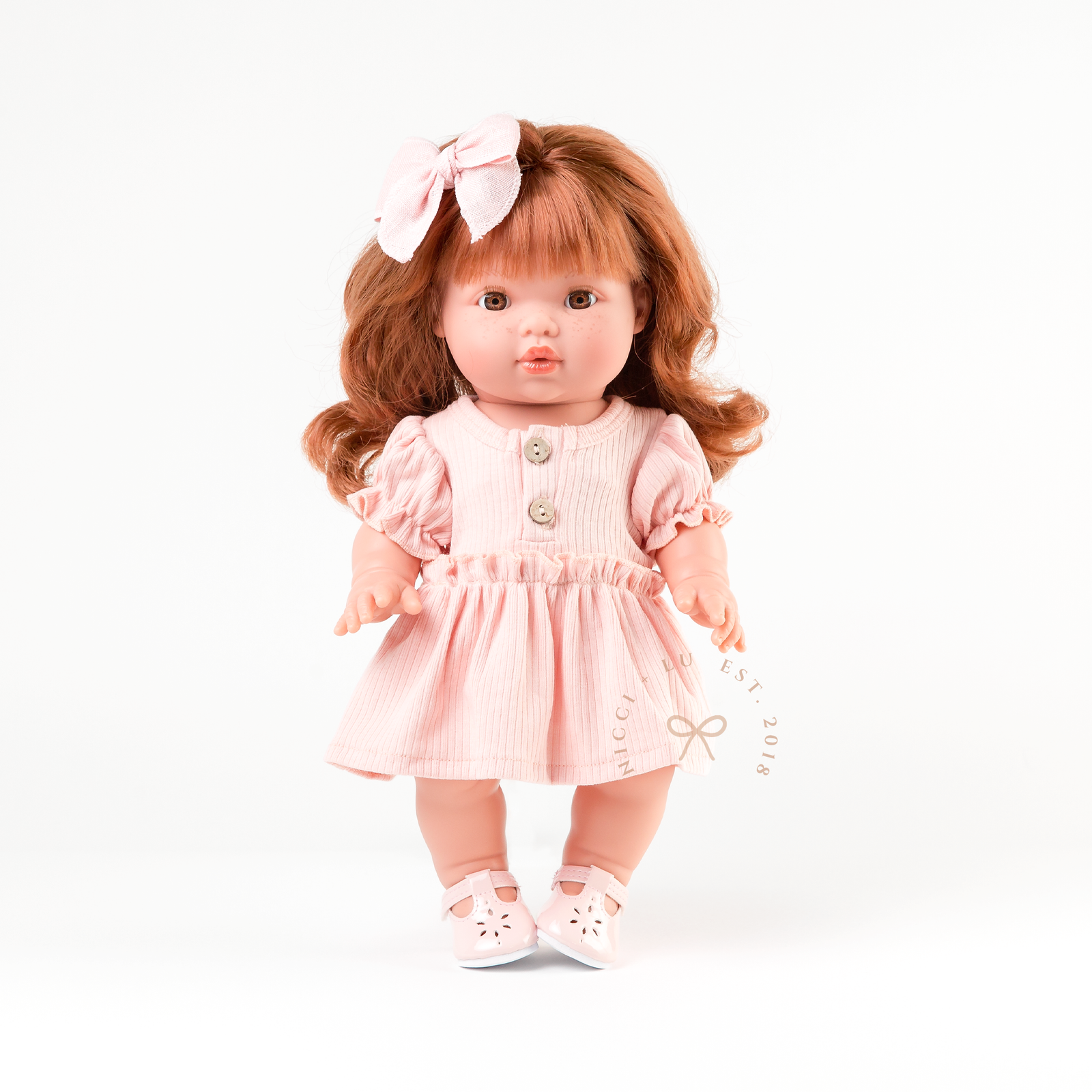 34cm Mini Colettos Sofia doll in rose pink puff sleeve dress with wooden button detail and 34cm mary jane shoes by Nicci and Lu.