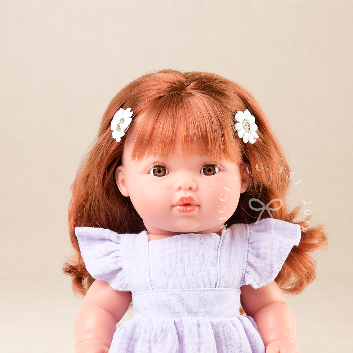 Doll Clothing + OUtfits - Pippa Muslin Apron Dress fits 34-38cm Dolls - Mauve for Mini Colettos, Minikane and Miniland Dolls
